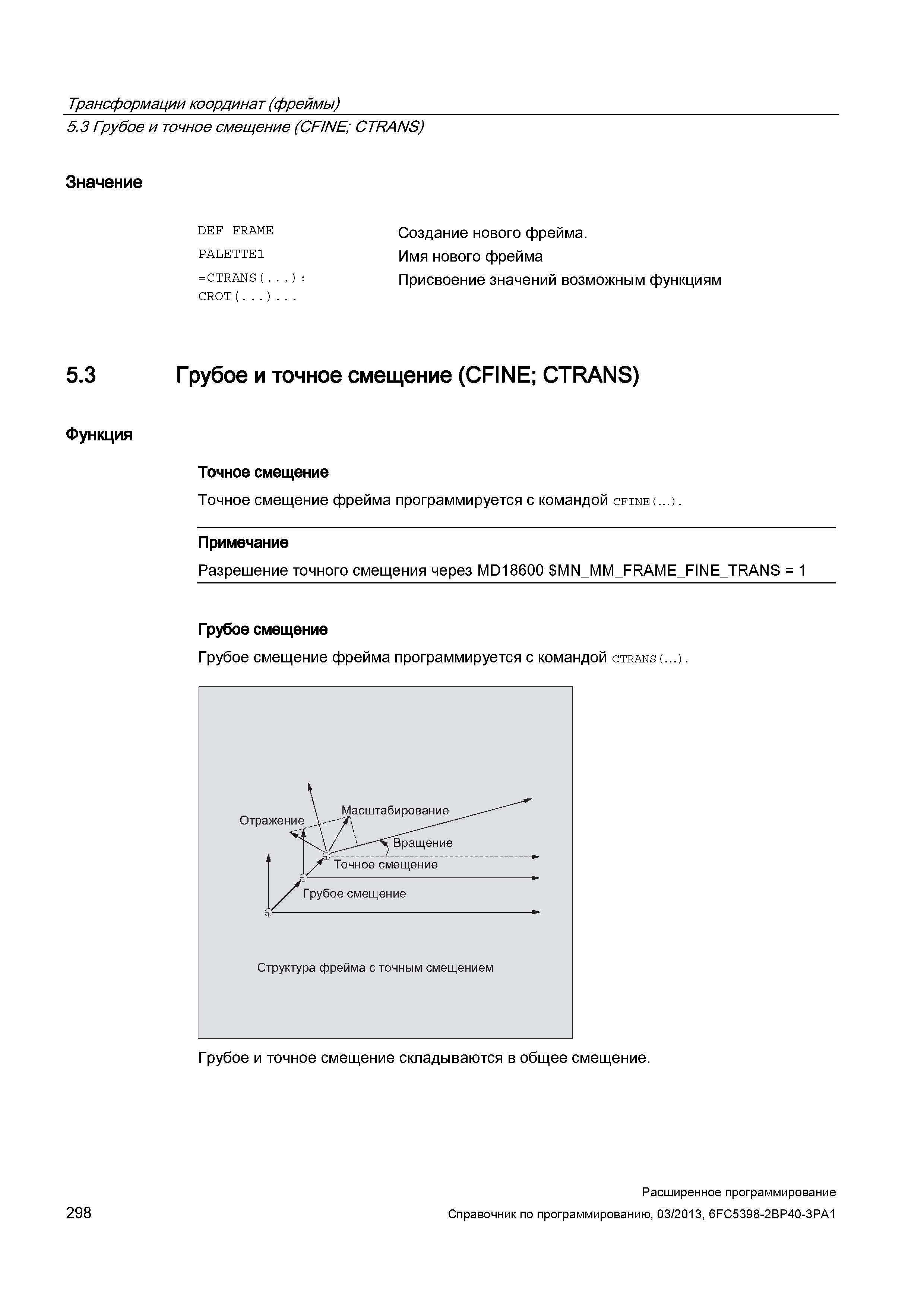 298 Трансформации координат (фреймы) 5 3 Грубое и точное смещение (CF/NE; CTRANS) Значение DEF FRAME Создание нового фрейма Имя нового фрейма Присвоение значений возможным функциям PALETTE1 =CTRANS( CROT( ) 5 3 Грубое и точное смещение (CFINE; CTRANS) Функция Точное смещение Точное смещение фрейма программируется с командой cfine( ) Примечание Разрешение точного смещения через MD18600 MN_MM_FRA Руководство SIEMENS SINUMERIK 840D sl / 828D Расширенное программирование стоек числового программного управления (ЧПУ) металлорежущих станков вер. 2013 Стр. 298