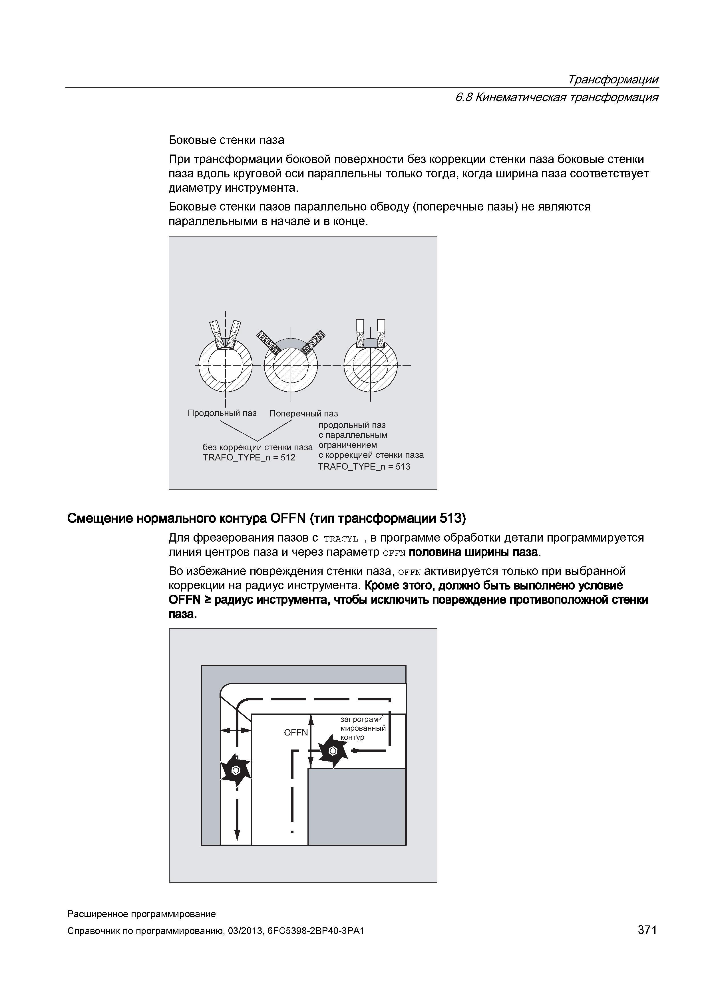 371 Трансформации 6 8 Кинематическая трансформация Боковые стенки паза При трансформации боковой поверхности без коррекции стенки паза боковые стенки паза вдоль круговой оси параллельны только тогда, когда ширина паза соответствует диаметру инструмента Боковые стенки пазов параллельно обводу (поперечные пазы) не являются параллельными в начале и в конце продольный паз с параллельным без коррекции стенки паза ограничением TRAFO TYPE п = 512 с коррекцией стенки паза TRAFO_ Руководство SIEMENS SINUMERIK 840D sl / 828D Расширенное программирование стоек числового программного управления (ЧПУ) металлорежущих станков вер. 2013 Стр. 371