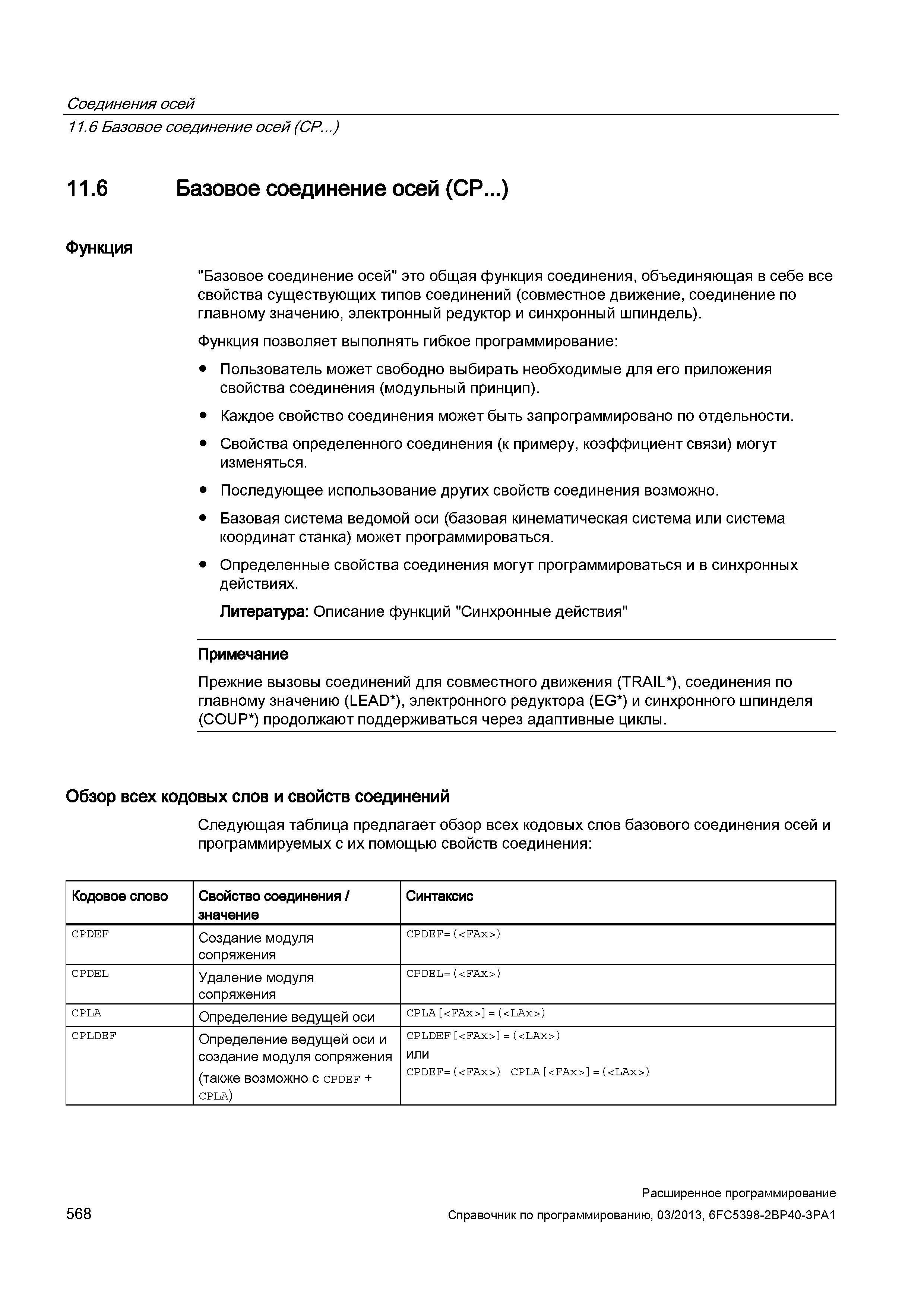568 Соединения осей 11 6 Базовое соединение осей (CP ) 11 6 Базовое соединение осей (CP ) Функция Базовое соединение осей это общая функция соед Руководство SIEMENS SINUMERIK 840D sl / 828D Расширенное программирование стоек числового программного управления (ЧПУ) металлорежущих станков вер. 2013 Стр. 568
