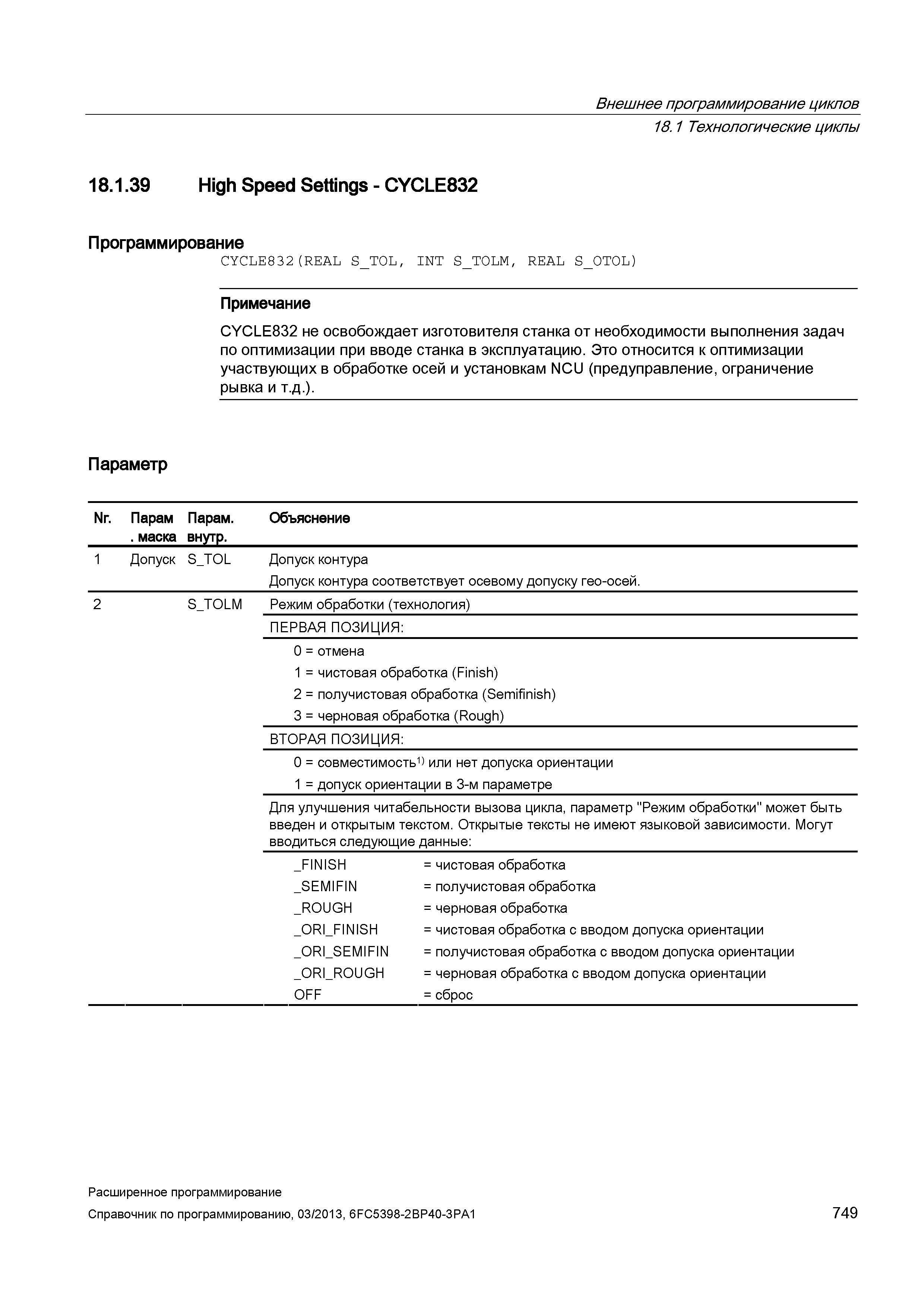 749 Внешнее программирование циклов 18 1 Технологические циклы 18 1 39 High Speed Settings - CYCLE832 Программирование CYCLE832(REAL Руководство SIEMENS SINUMERIK 840D sl / 828D Расширенное программирование стоек числового программного управления (ЧПУ) металлорежущих станков вер. 2013 Стр. 749