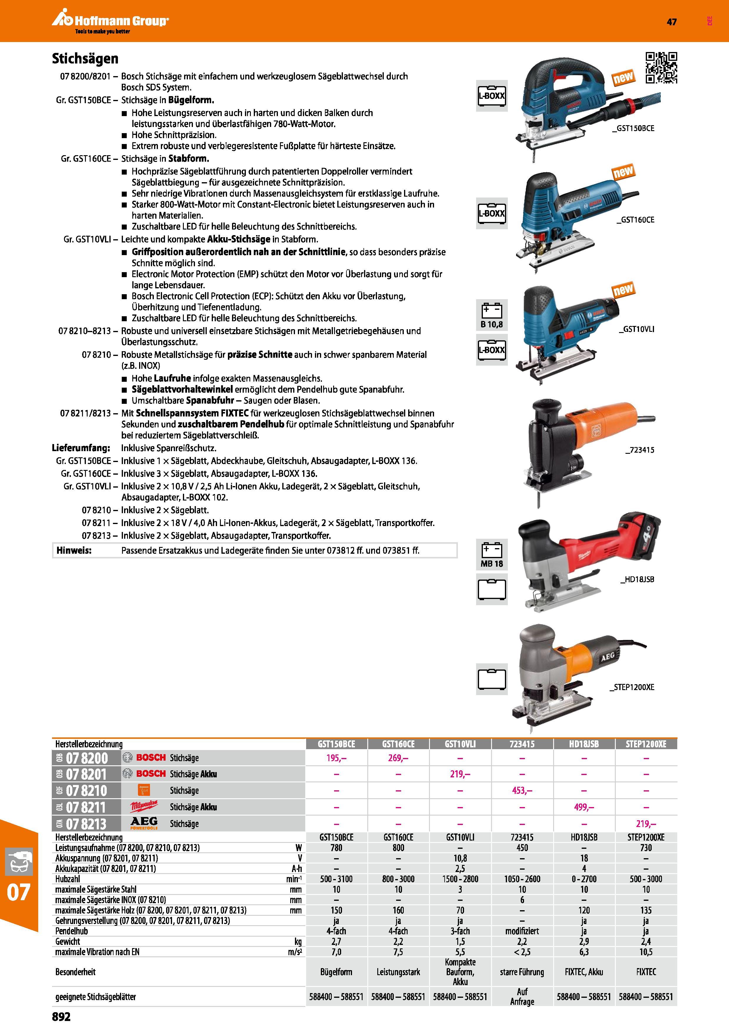892 Stichsägen 078200/8201 - Bosch Stichsäge mit einfachem und werkzeuglosem Sägeblattwechsel durch Bosch SDS System Gr GST150BCE - Stichsäge in Biig Каталог HOFFMANN GROUP 2016 Ручной слесарно-монтажный и контрольно-измерительный инструмент и приборы для предприятий машиностроения и мастерских сервисного обслуживания 47 версия издания Стр. 892 DEU