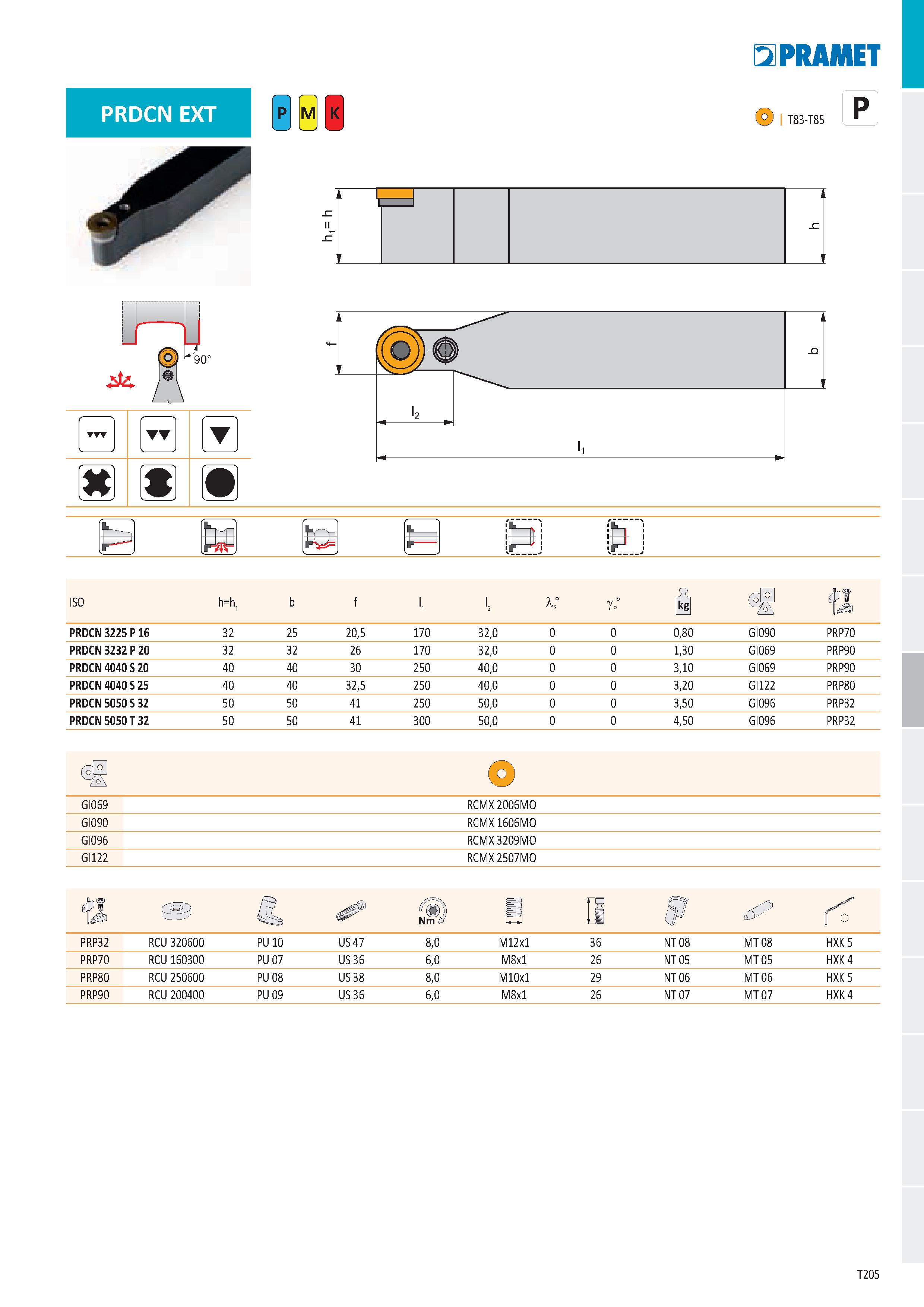 211 PRDCN EXT E2PRAMET I T83-T85 P ISO h=h PRDCN 3225 P 16 32 25 20,5 170 32,0 0,80 GI090 PRP70 PRDCN 3232 P 20 32 32 26 170 32,0 1,30 GI069 PRP90 PR Каталог PRAMET 2019 Режущий инструмент Резцы с твердосплавными пластинами по металлу для точения и растачивания Концевые и насадные фрезы Сверла с СМП Расточные головки Стр. T205