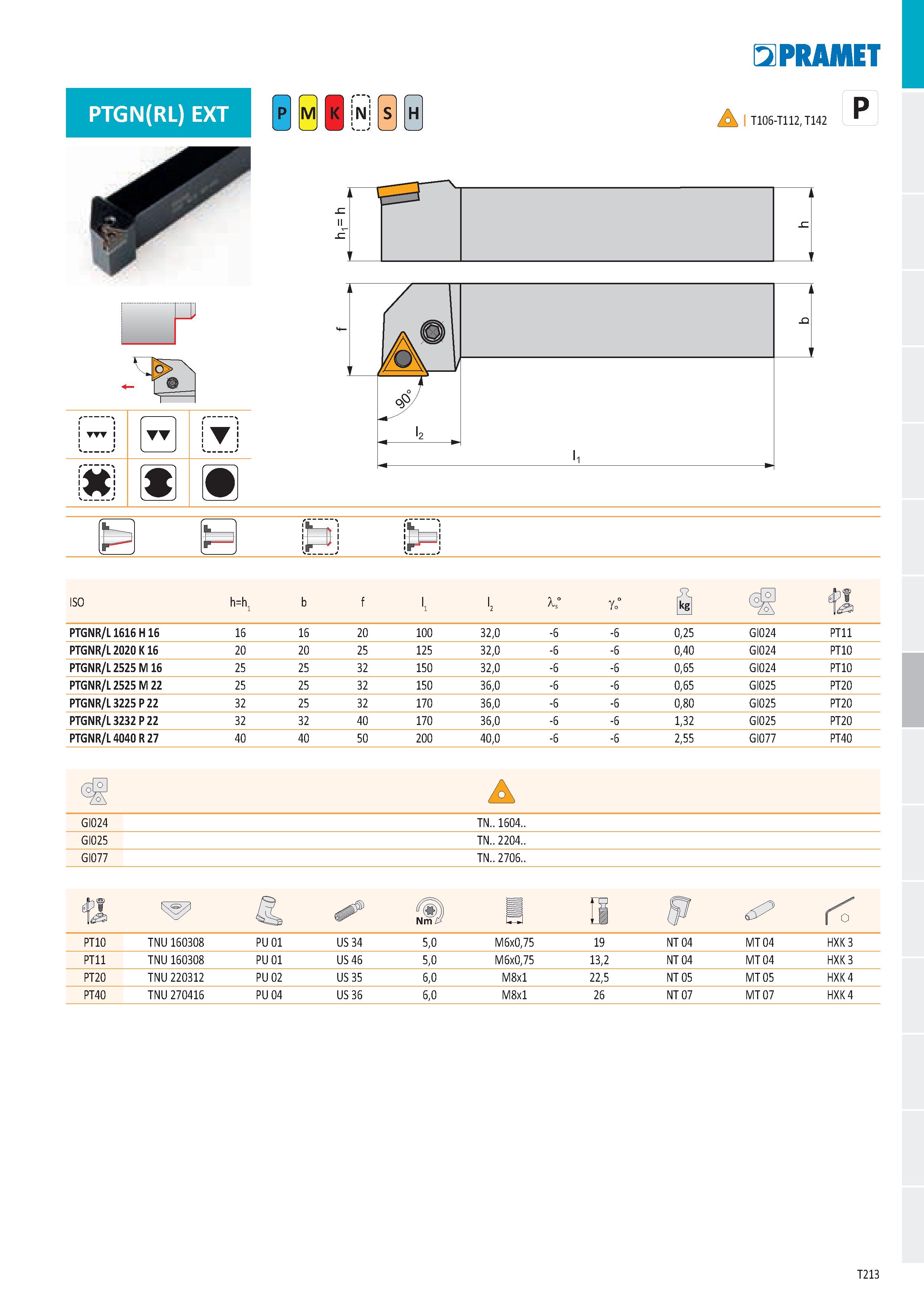 219 PTGN(RL) EXT N H PRAMET /o\ I T106-T112, T142 P S C m n ISO h=h PTGNR/L 1616 H 16 16 16 20 100 32,0 0,25 GI024 PT11 PTGNR/L 2020 K 16 20 20 25 12 Каталог PRAMET 2019 Режущий инструмент Резцы с твердосплавными пластинами по металлу для точения и растачивания Концевые и насадные фрезы Сверла с СМП Расточные головки Стр. T213