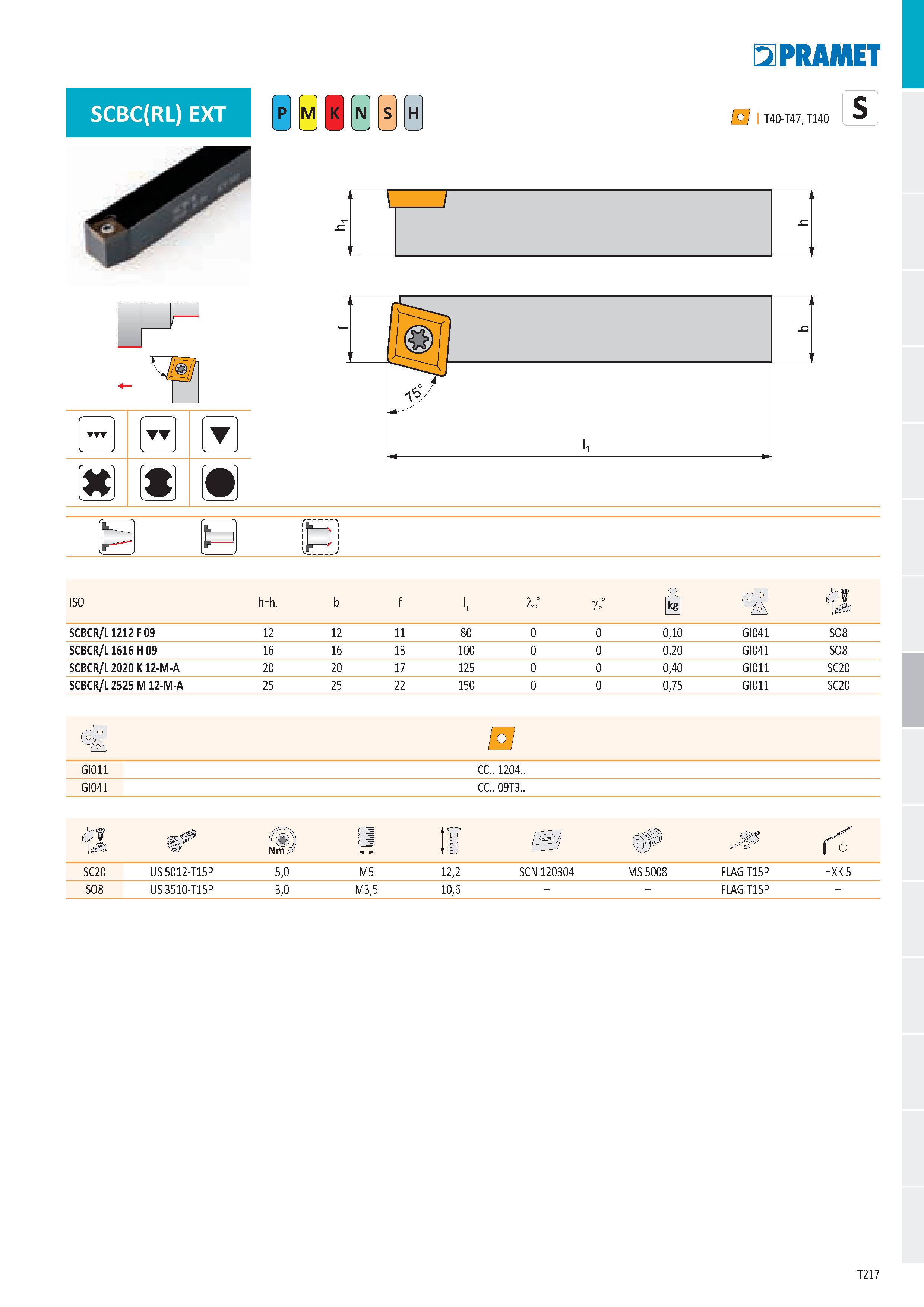223 SCBC(RL) EXT Ě H p T ô I T40-T47, T140 P S SCBCR/L 1212 F 09 12 12 11 80 0 0 0,10 GI041 SO8 SCBCR/L1616 H 09 16 16 13 100 0 0 0,20 GI041 SO8 SCBC Каталог PRAMET 2019 Режущий инструмент Резцы с твердосплавными пластинами по металлу для точения и растачивания Концевые и насадные фрезы Сверла с СМП Расточные головки Стр. T217