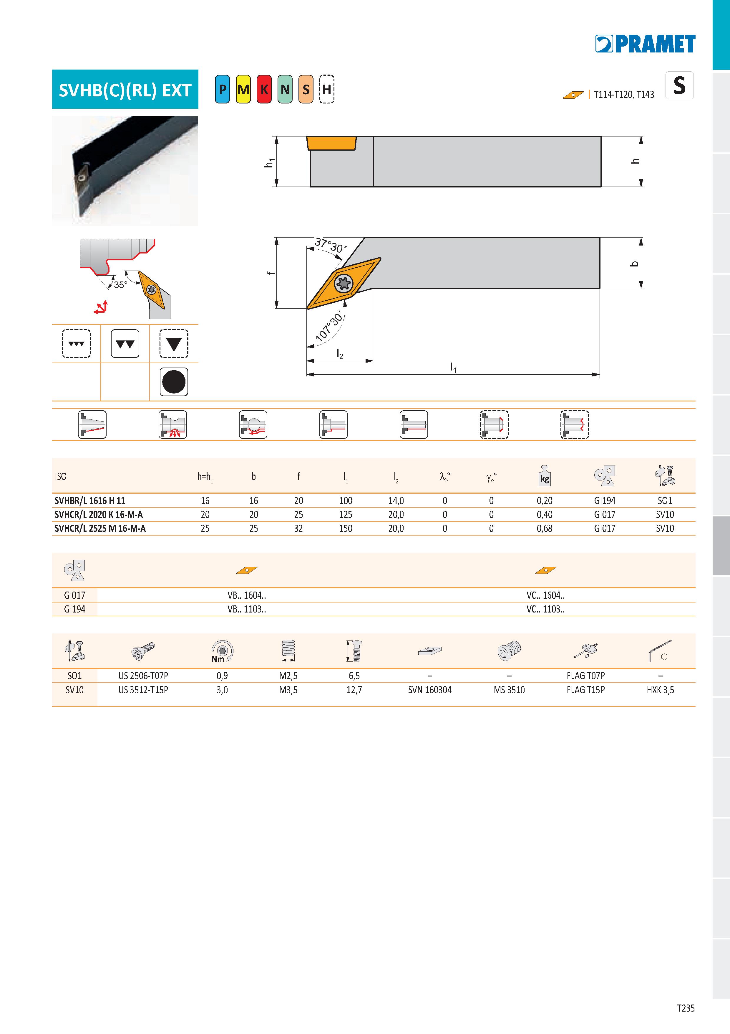 241 SVHB(C)(RL) EXT Ě iH E2PRAMET S I T114-T120, T143 ‘ 1 1 c ISO h=h SVHBR/L 1616 H 11 16 16 20 100 14,0 0,20 GI194 SO1 SVHCR/L 2020 K 16-M-A 20 20 Каталог PRAMET 2019 Режущий инструмент Резцы с твердосплавными пластинами по металлу для точения и растачивания Концевые и насадные фрезы Сверла с СМП Расточные головки Стр. T235