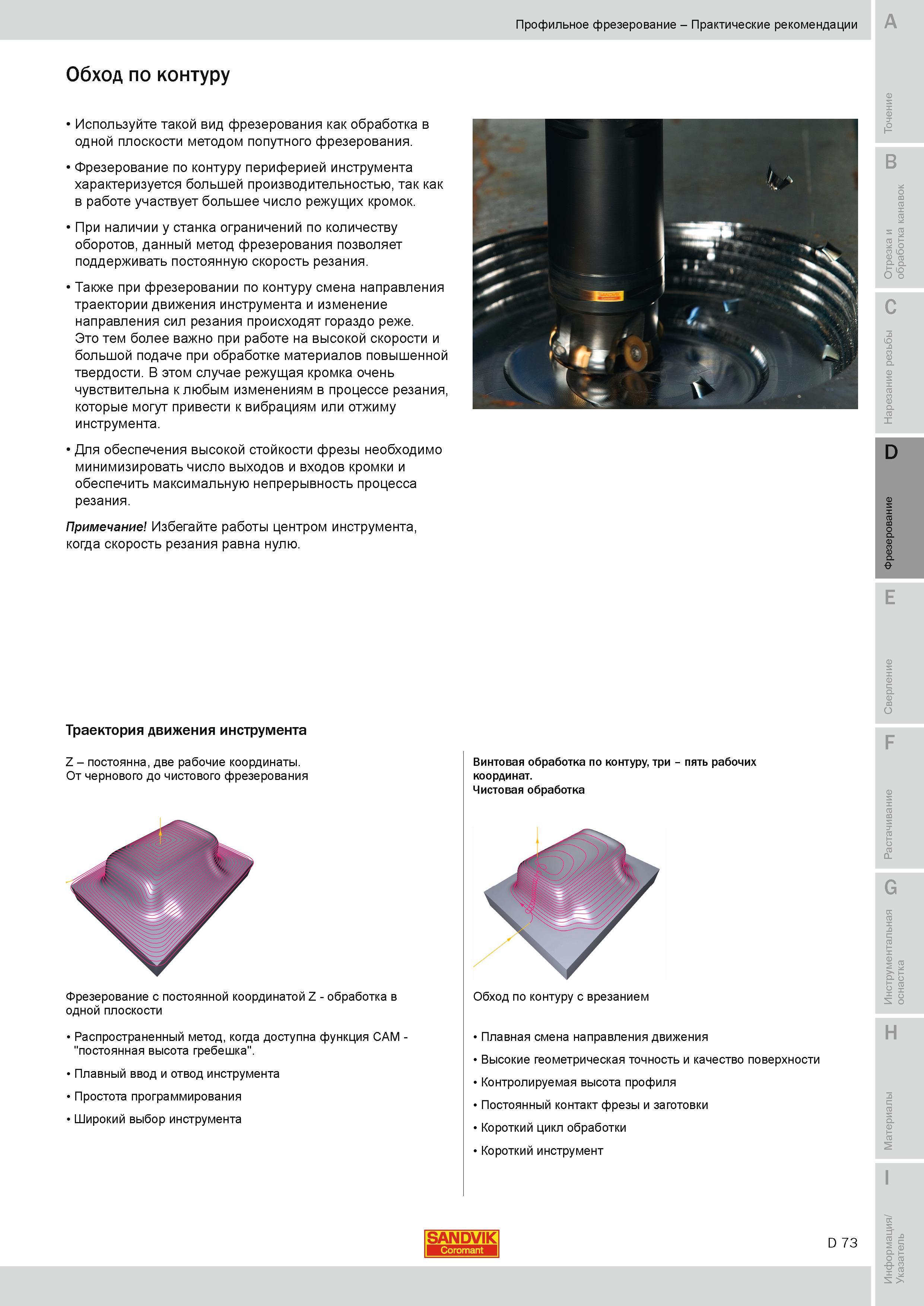 356 Фрезерование по контуру периферией инструмента характеризуется большей производительностью так как в работе участвует большее число режущих кромок Руководство SANDVIK COROMANT 2010 по металлообработке Точение Отрезка Обработка канавок Резьбонарезание Фрезерование Сверление Растачивание Инструментальная оснастка Стр. D73