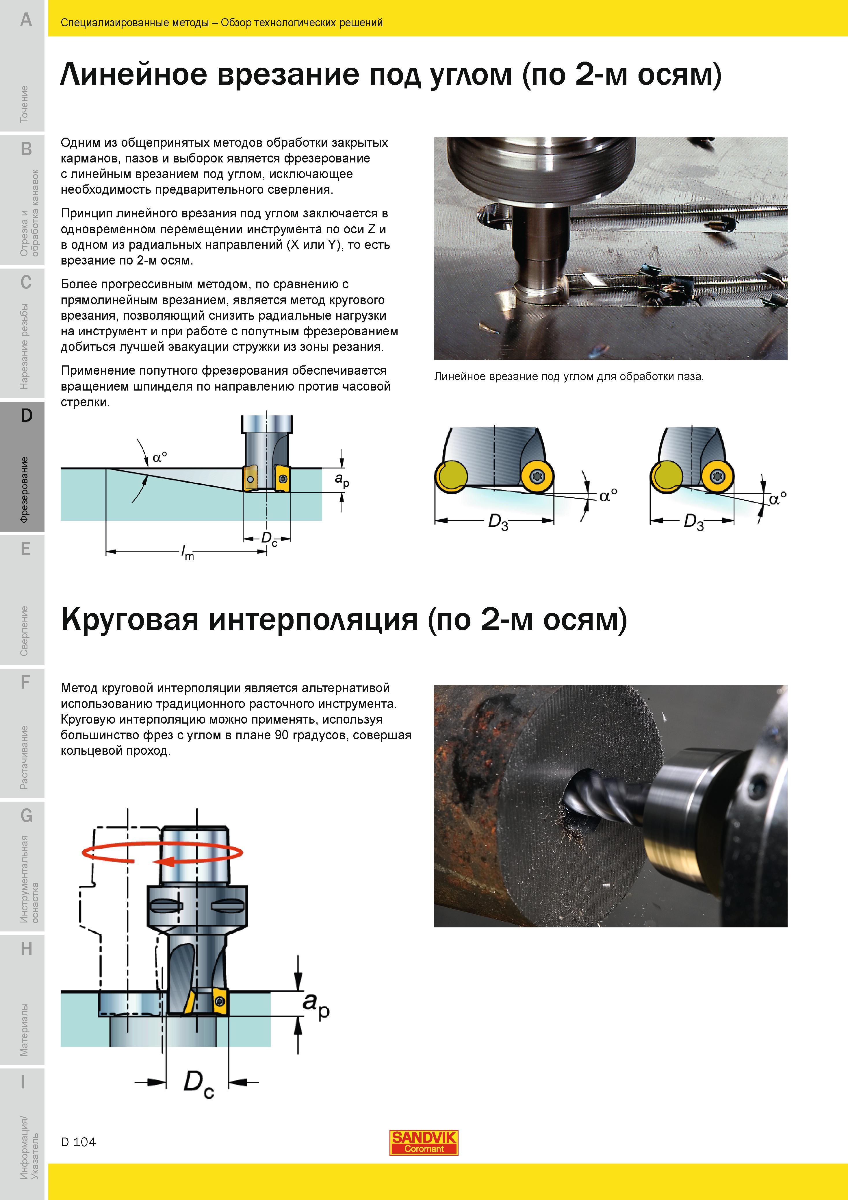 387 Линейное врезание под углом по 2-м осям Одним из общепринятых методов обработки закрытых карманов пазов и выборок является фрезерование с линейным Руководство SANDVIK COROMANT 2010 по металлообработке Точение Отрезка Обработка канавок Резьбонарезание Фрезерование Сверление Растачивание Инструментальная оснастка Стр. D104