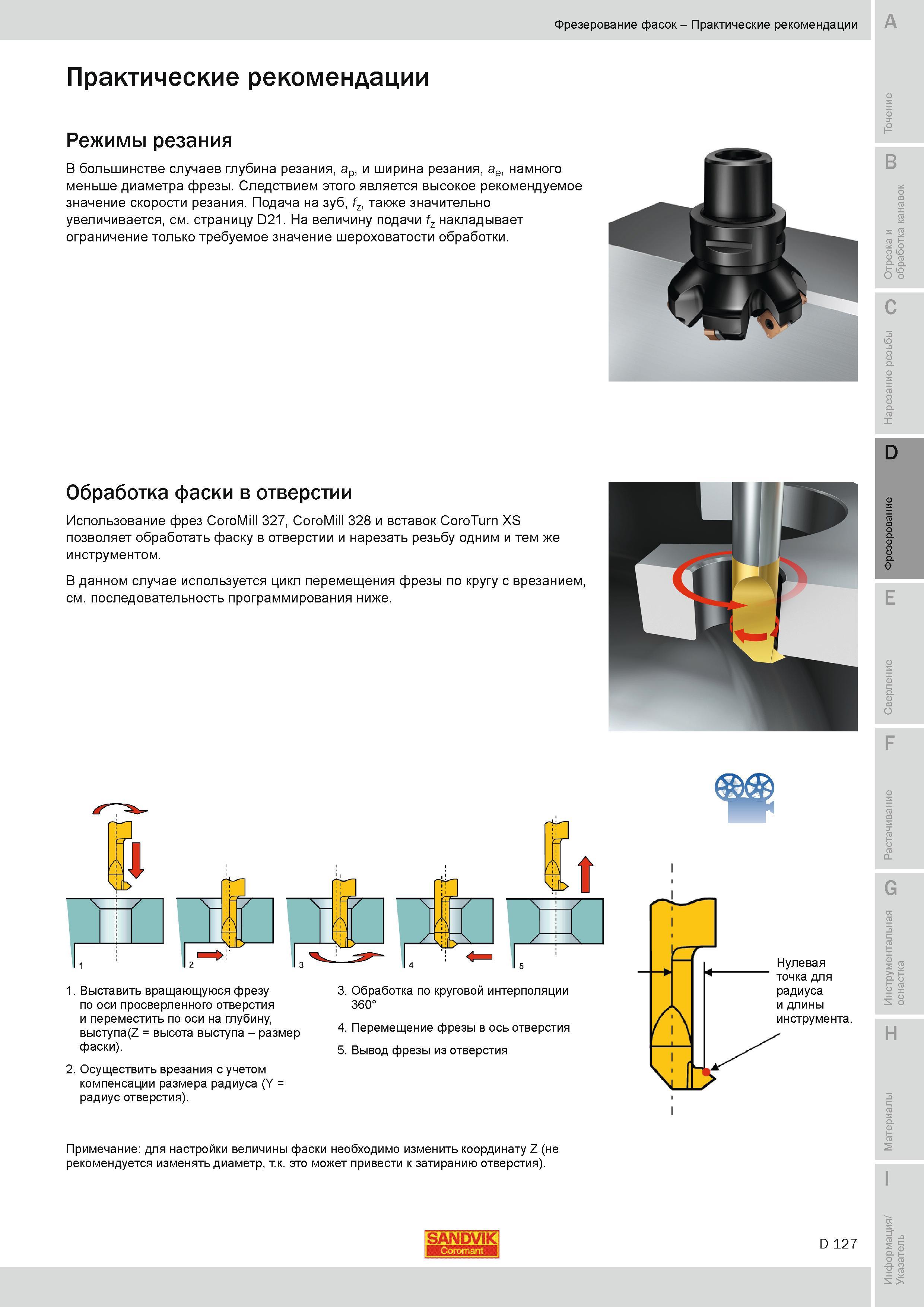 410 Фрезерование фасок Практические рекомендации Sandvik Coromant Режимы резания В большинстве случаев глубина резания ap и ширина резания ae намного м Руководство SANDVIK COROMANT 2010 по металлообработке Точение Отрезка Обработка канавок Резьбонарезание Фрезерование Сверление Растачивание Инструментальная оснастка Стр. D127