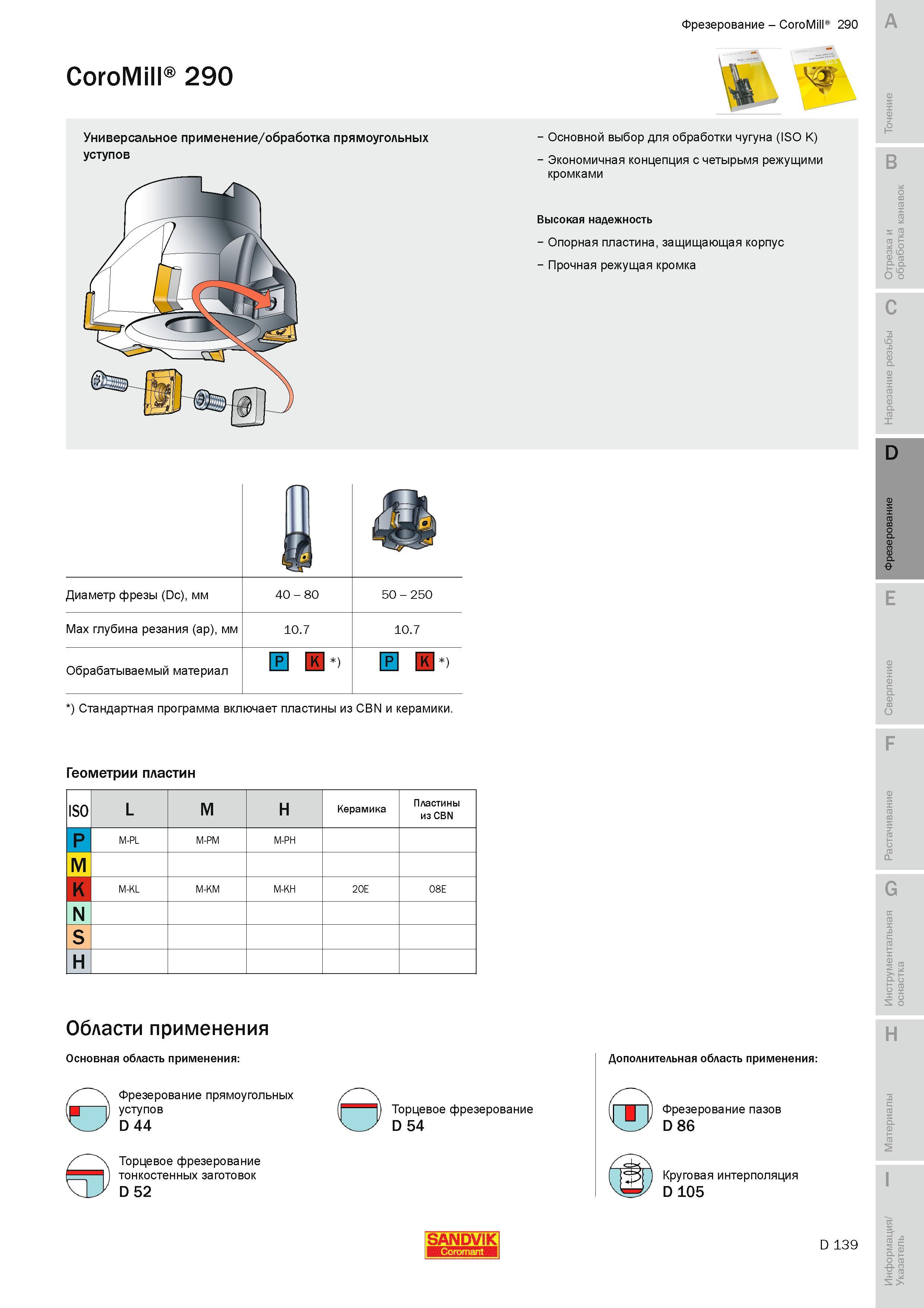 422 Диаметр фрезы Sandvik Coromant CoroMill 290 Dc мм Max глубина резания ap мм Обрабатываемый материал 40 - 80 50 - 250 10 7 10 7 Стандартная программ Руководство SANDVIK COROMANT 2010 по металлообработке Точение Отрезка Обработка канавок Резьбонарезание Фрезерование Сверление Растачивание Инструментальная оснастка Стр. D139