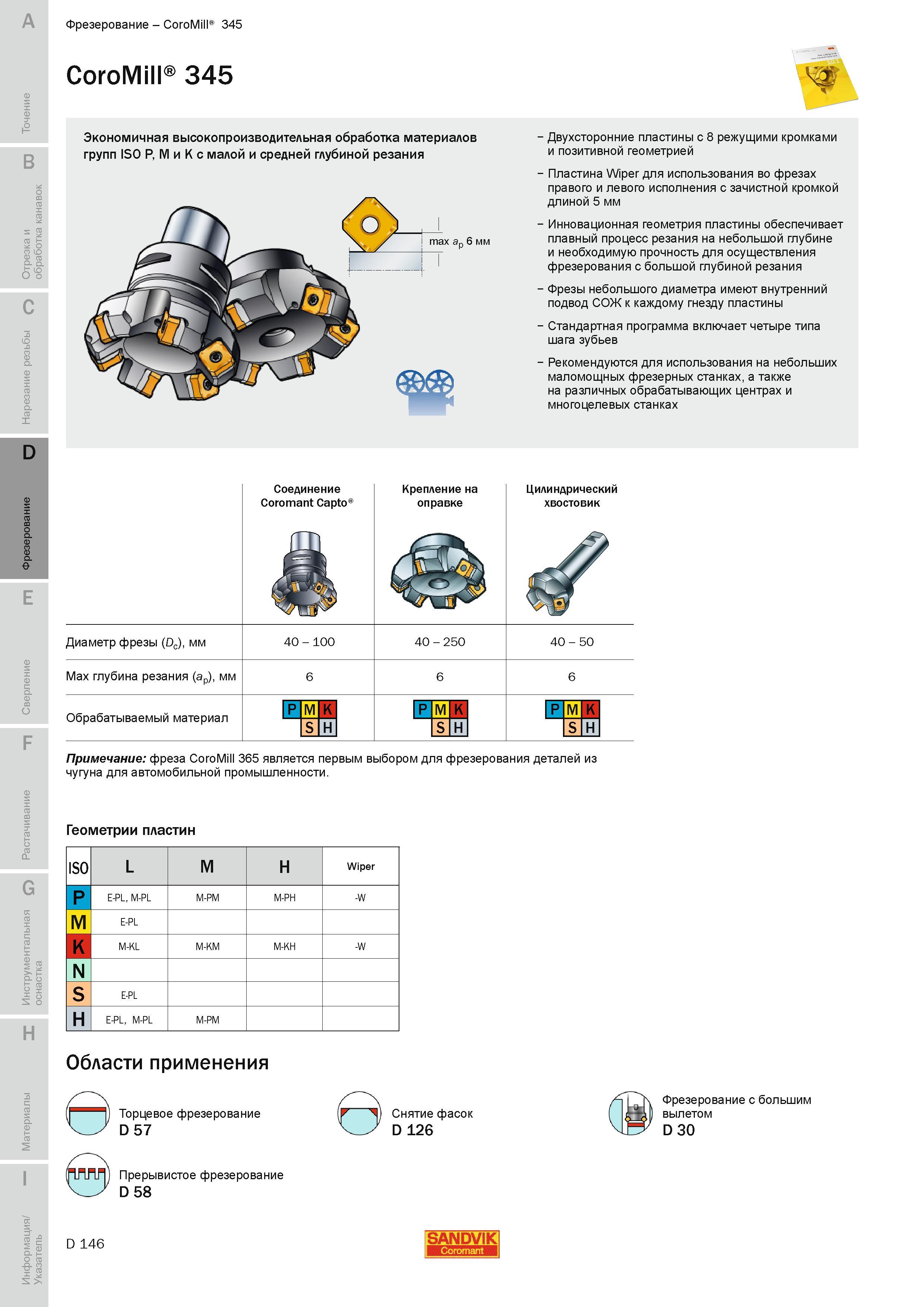 429 Экономичные торцевые фрезы Sandvik Coromant CoroMill 345 с двусторонними квадратными режущими пластинами для высокопроизводительного фрезерования п Руководство SANDVIK COROMANT 2010 по металлообработке Точение Отрезка Обработка канавок Резьбонарезание Фрезерование Сверление Растачивание Инструментальная оснастка Стр. D146