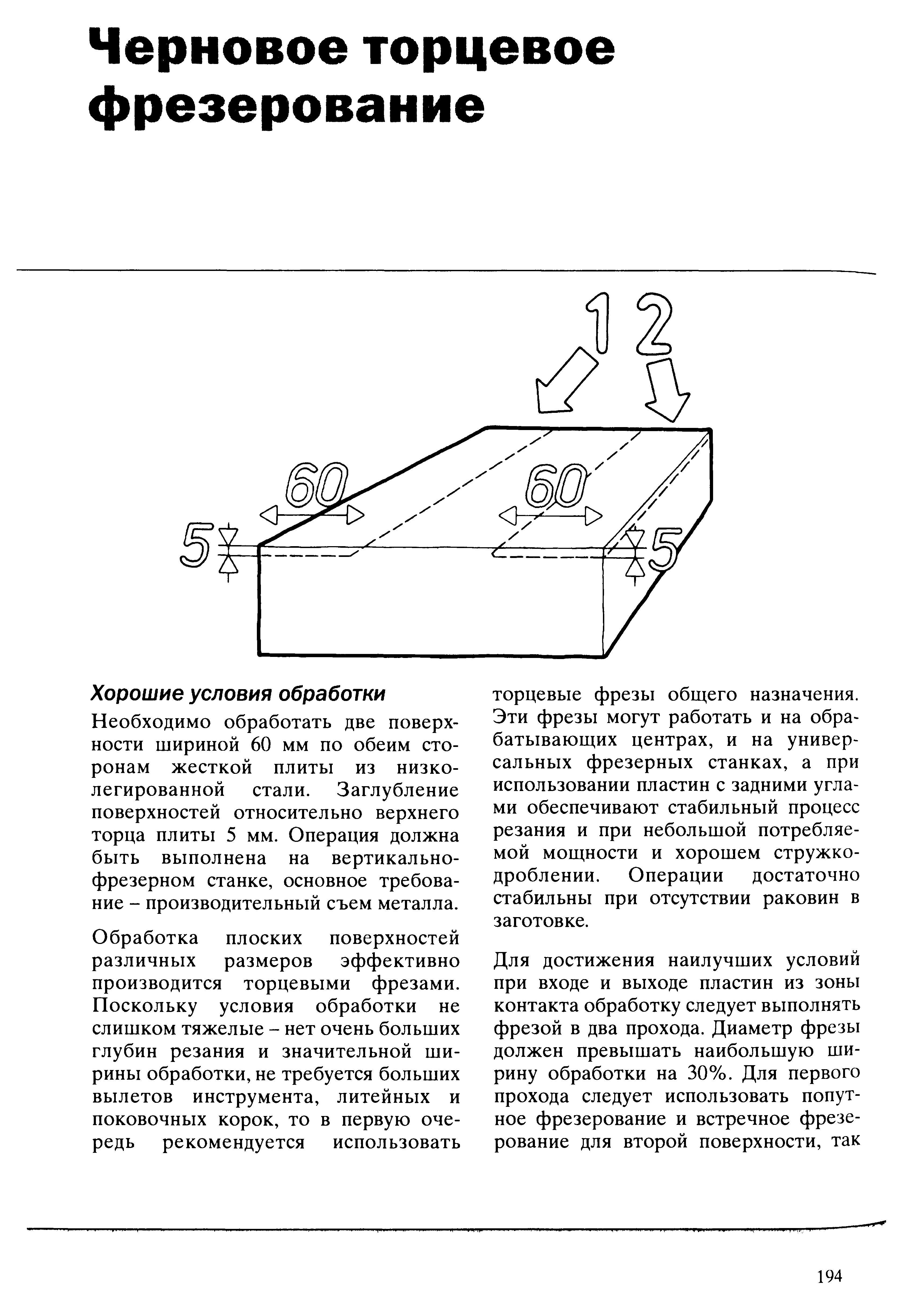 194 Обработка плоских поверхностей различных размеров эффективно производится торцевыми фрезами Условия обработки не слишком тяжелые нет очень больших глубин Учебник SANDVIK COROMANT 2003 Высокопроизводительная обработка металлов резанием на металлообрабатывающем оборудовании Стр. 194