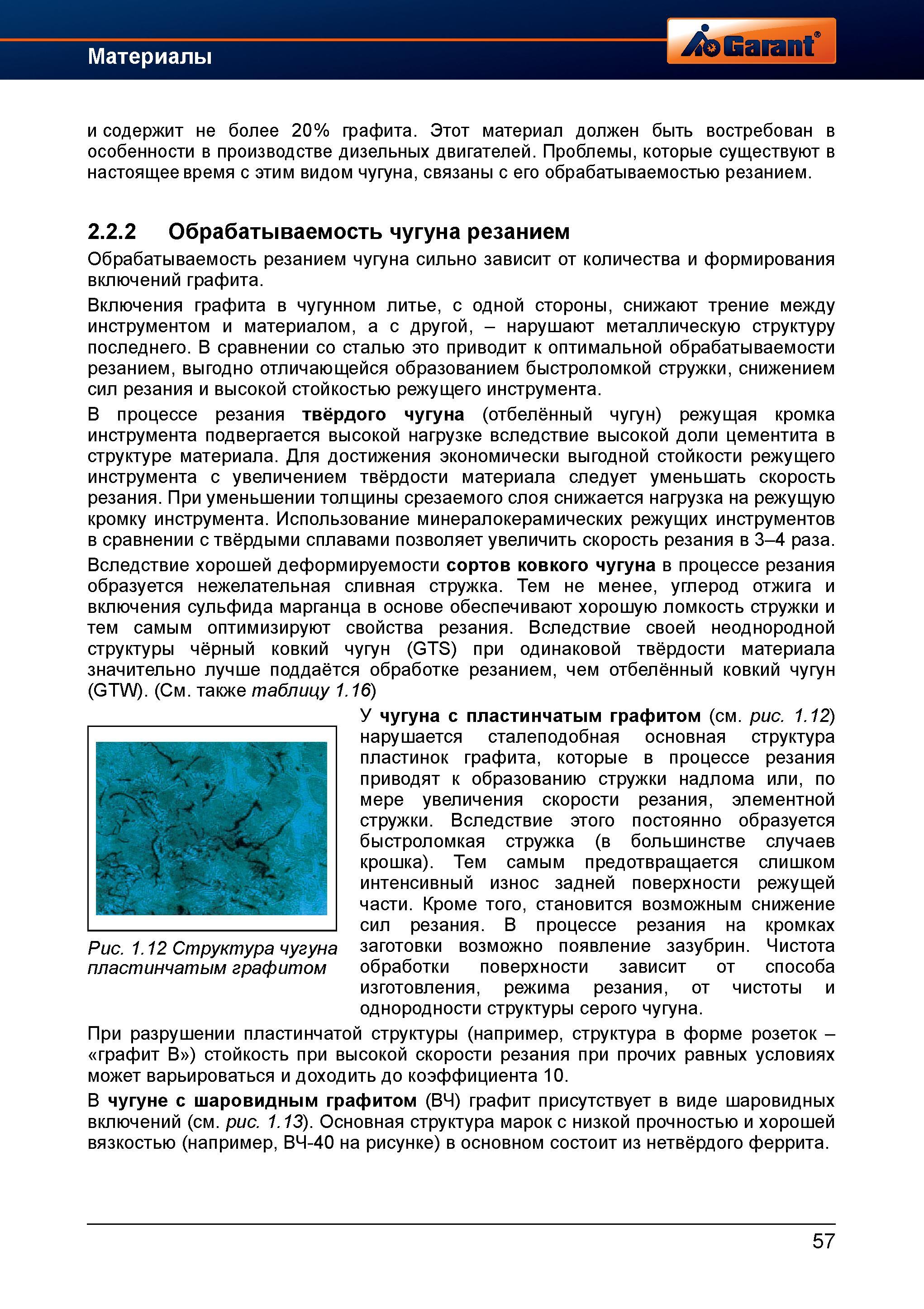 85 Обрабатываемость чугуна режущим инструментом на металлорежущих станках сильно зависит от количества и формирования включений графита Справочник HOFFMANN GROUP 2012 Обработка материалов резанием Garant ToolScout Металлорежущий инструмент и инструментальная оснастка для станков Стр. 57