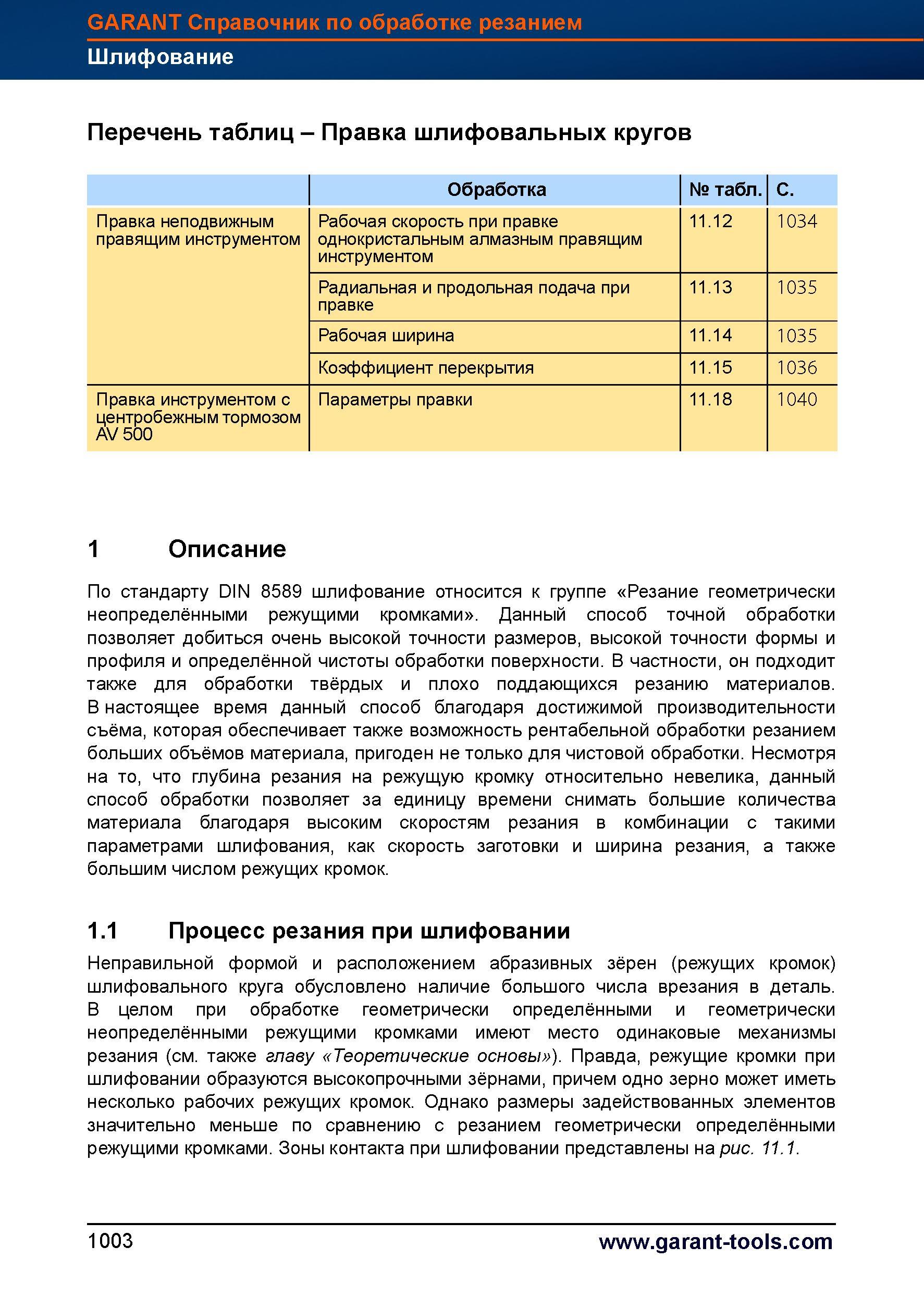 1027 Согласно немецкому национальному стандарту DIN 8589 шлифование относится к группе Резание геометрически неопределёнными режущими кромками Справочник HOFFMANN GROUP 2012 Обработка материалов резанием Garant ToolScout Металлорежущий инструмент и инструментальная оснастка для станков Стр. 1003