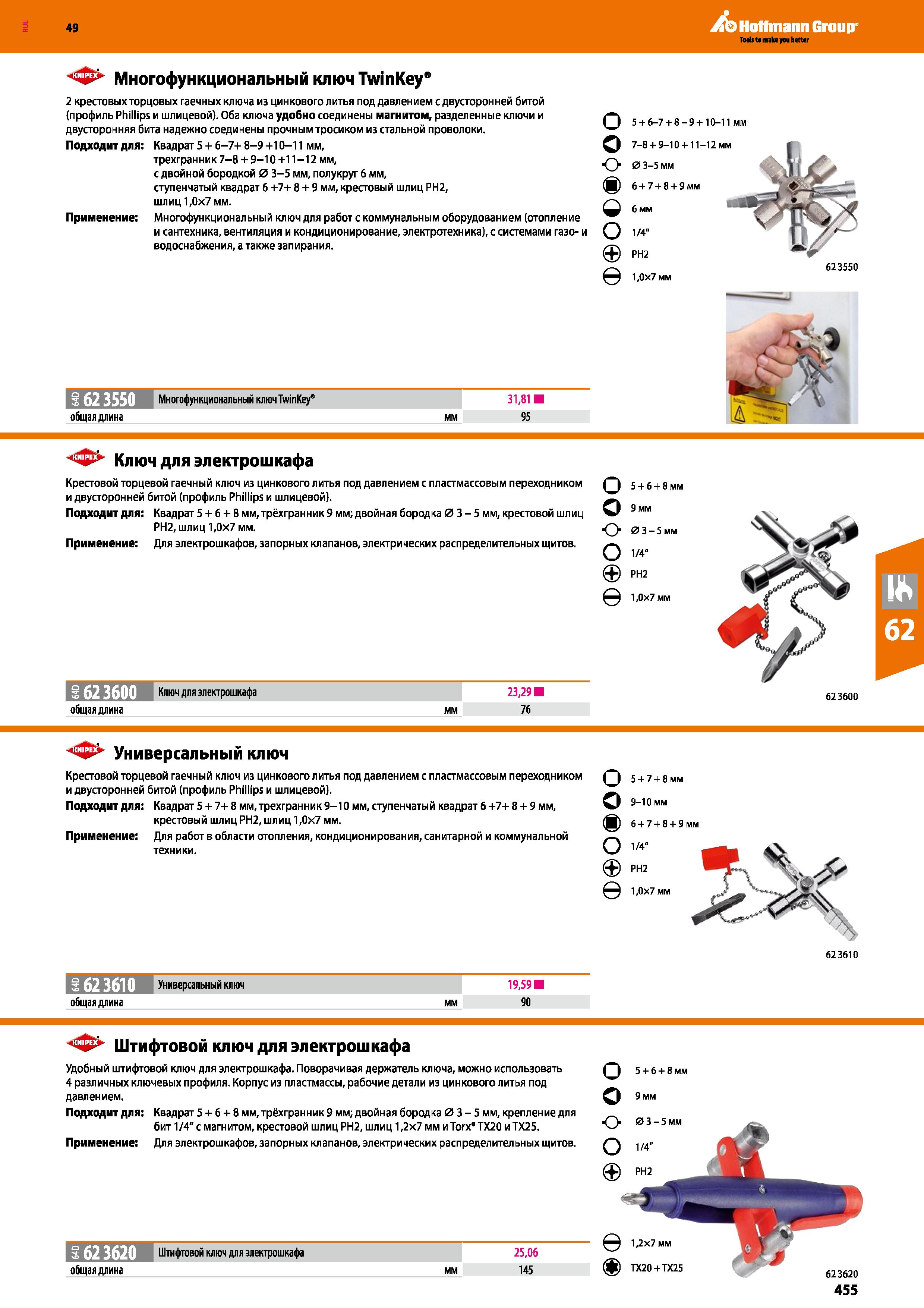 455 - ф - Многофункциональный ключ TwinKey 2 крестовых торцовых гаечных ключа из цинкового литья под давлением с двусторонней битой (профиль Phi Каталог HOFFMANN GROUP 2018 Инструмент ручной Слесарный и механизированный Измерительные приборы и инструменты Производственный инвентарь Стр. 455