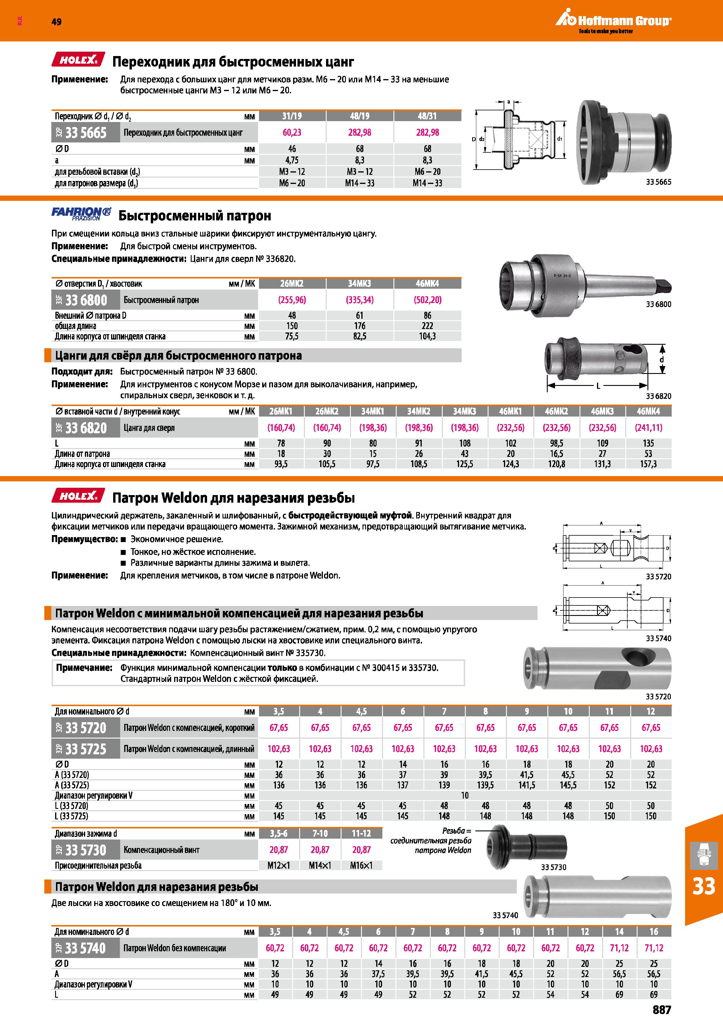 887 Hoffmann Group Переходник для быстросменных цанг Применение: Для перехода с больших цанг для метчиков разм Мб - 20 или М14 - 33 на ме Каталог HOFFMANN GROUP 2018 Профессиональный режущий и вспомогательный инструмент для промышленного оборудования Сверла Фрезы Метчики Державки Стр. 887