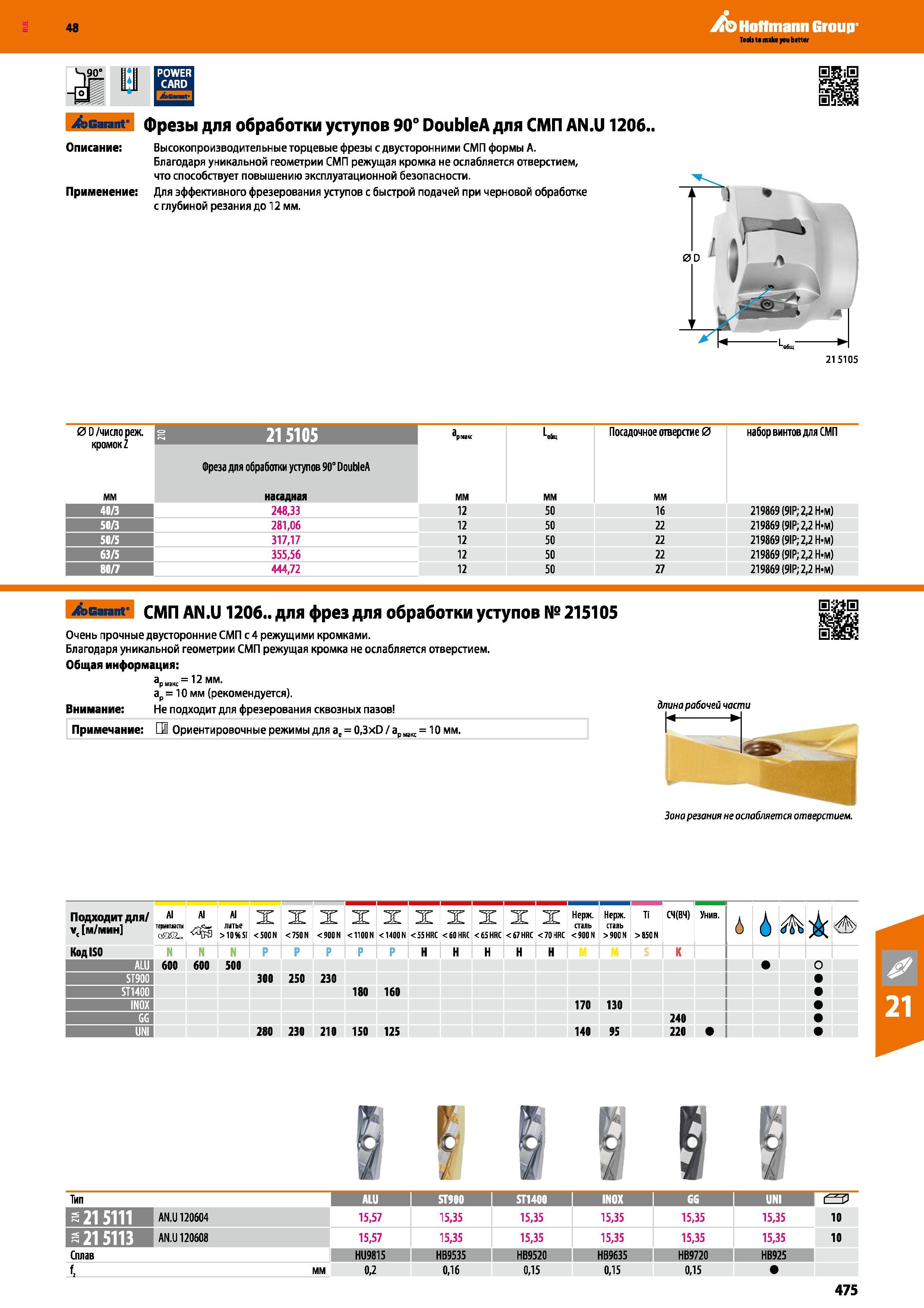 475 48 Hoffmann Group Garant фрезы для обработки уступов 90° DoubleA для СМП AN U 1206 Описание: Применение Высокопроизводительные торцевые фрезы с двусто Каталог HOFFMANN GROUP 2017 Инструмент режущий и вспомогательный для металлорежущих промышленных станков Резцы токарные Концевые твердосплавные фрезы Зажимные патроны Стр. 475