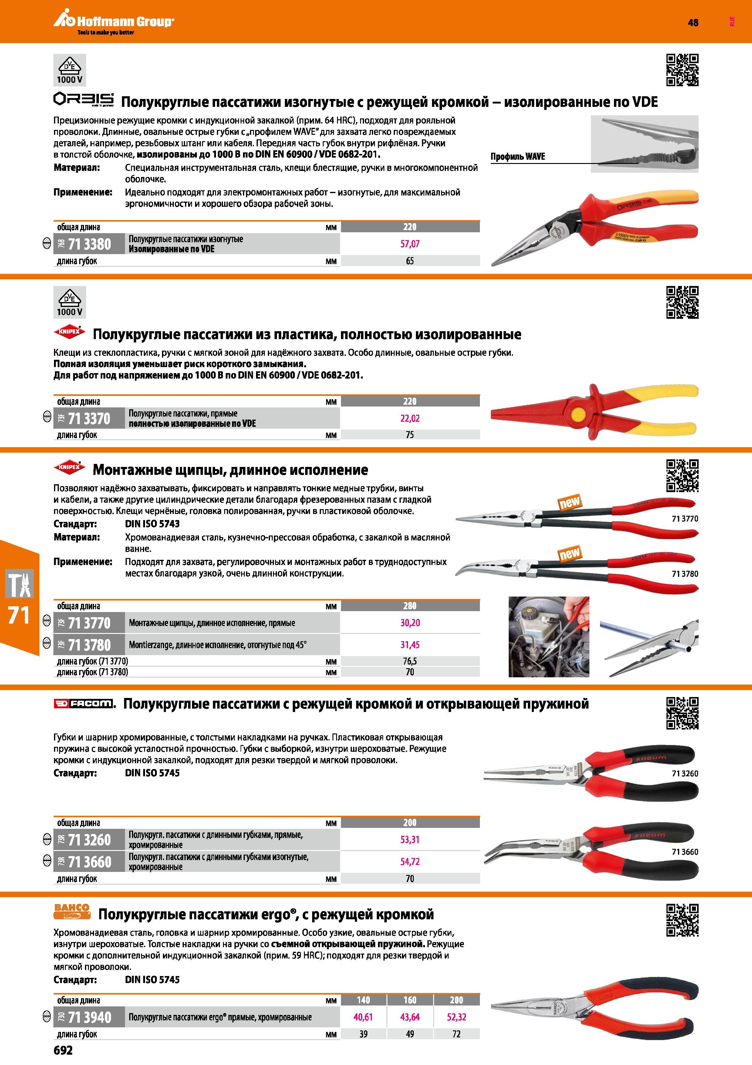 692 Полукруглые пассатижи изогнутые с режущей кромкой - изолированные по VDE Прецизионные режущие кромки с индукционной закалкой (прим 64 HRC Каталог HOFFMANN GROUP 2017 Ручной слесарно-монтажный и контрольно-измерительный инструмент для производственных предприятиий и служб сервиса Инвентарь Стр. 692