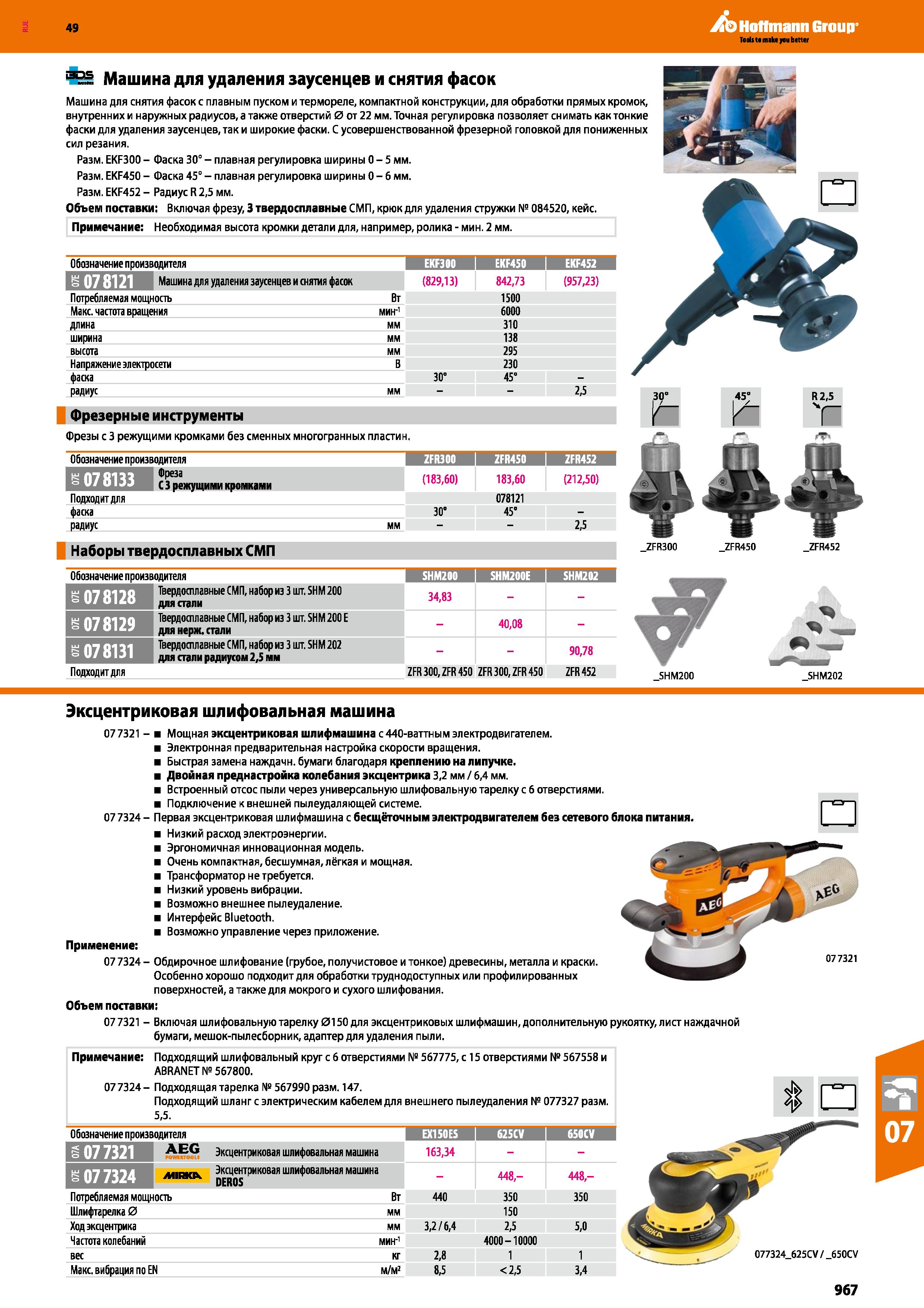 967 Мощная эксцентриковая шлифмашина AEG с 440-ваттным электродвигателем Электронная предварительная настройка скорости вращения Каталог HOFFMANN GROUP 2018 Инструмент ручной Слесарный и механизированный Измерительные приборы и инструменты Производственный инвентарь Стр. 967