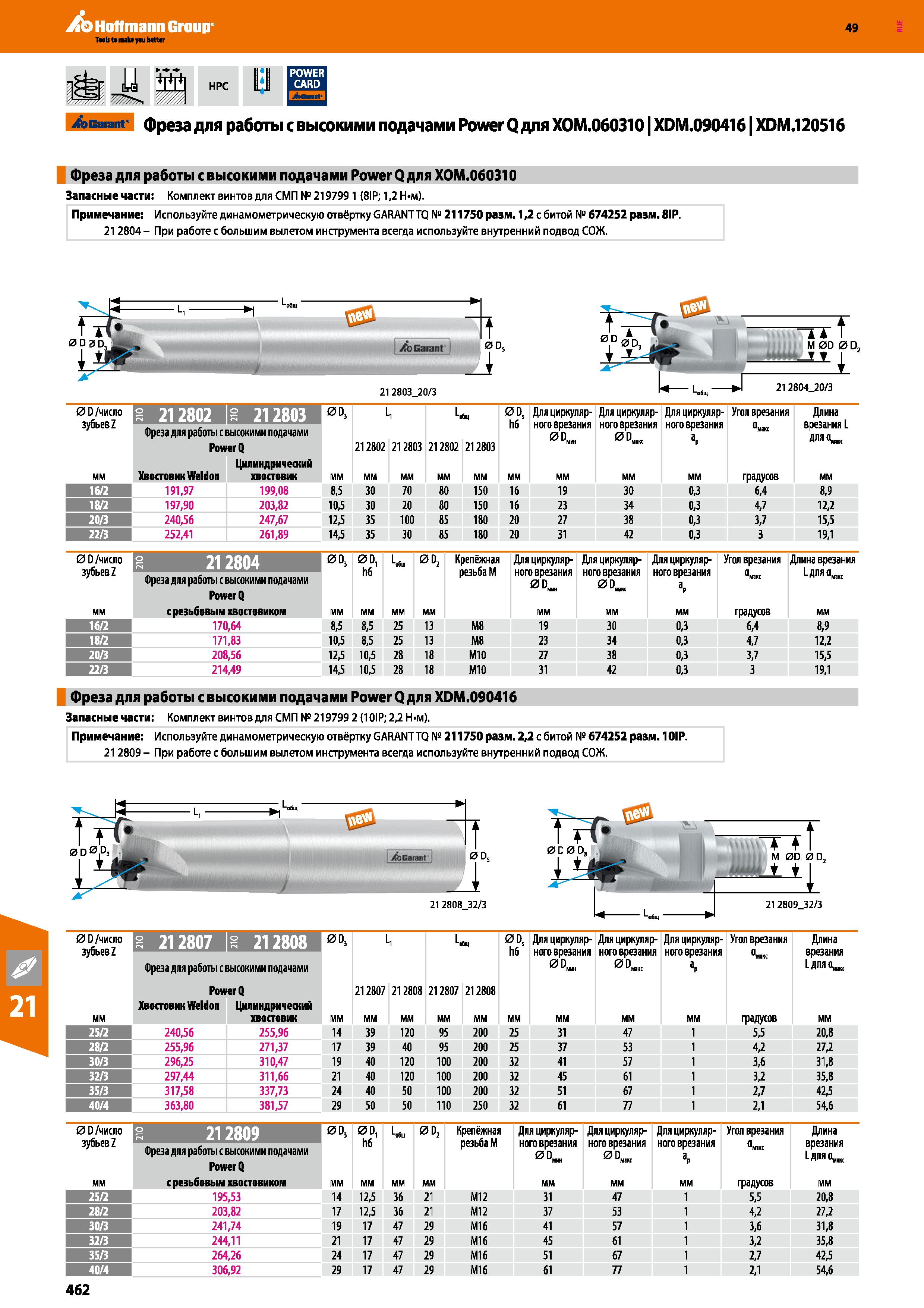 462 Hoffmann Group 49 =r 7rf', HPC Garant фреза для работы с высокими подачами Power Q для ХОМ 0603101 XDM 0904161 XDM 120516 Фреза для р Каталог HOFFMANN GROUP 2018 Профессиональный режущий и вспомогательный инструмент для промышленного оборудования Сверла Фрезы Метчики Державки Стр. 462