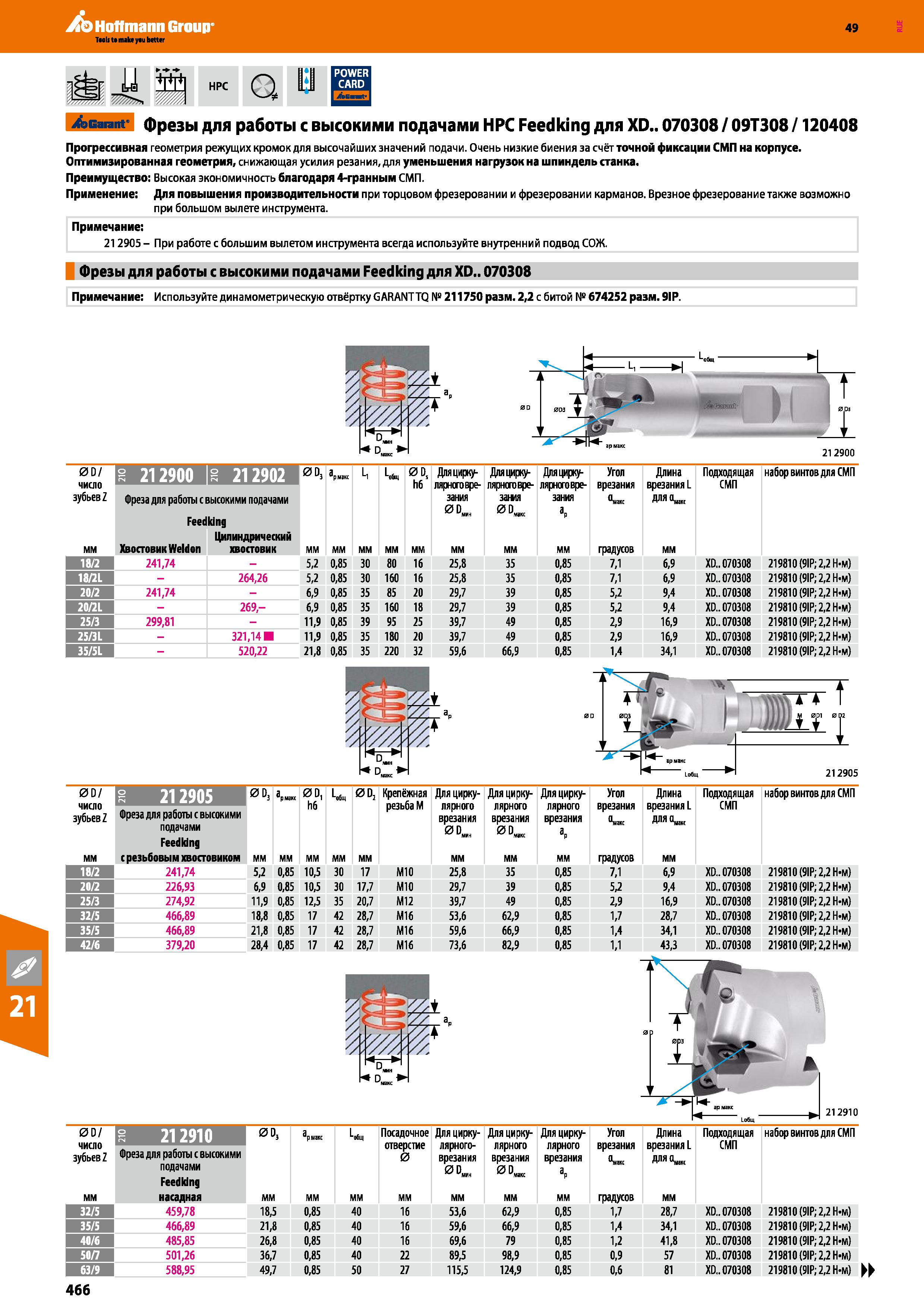 466 Hoffmann Group 49 Teels to make yau better & ii ре q iji m Garant фрезы для работы с высокими подачами НРС Feed king для XD 070308 09 Каталог HOFFMANN GROUP 2018 Профессиональный режущий и вспомогательный инструмент для промышленного оборудования Сверла Фрезы Метчики Державки Стр. 466