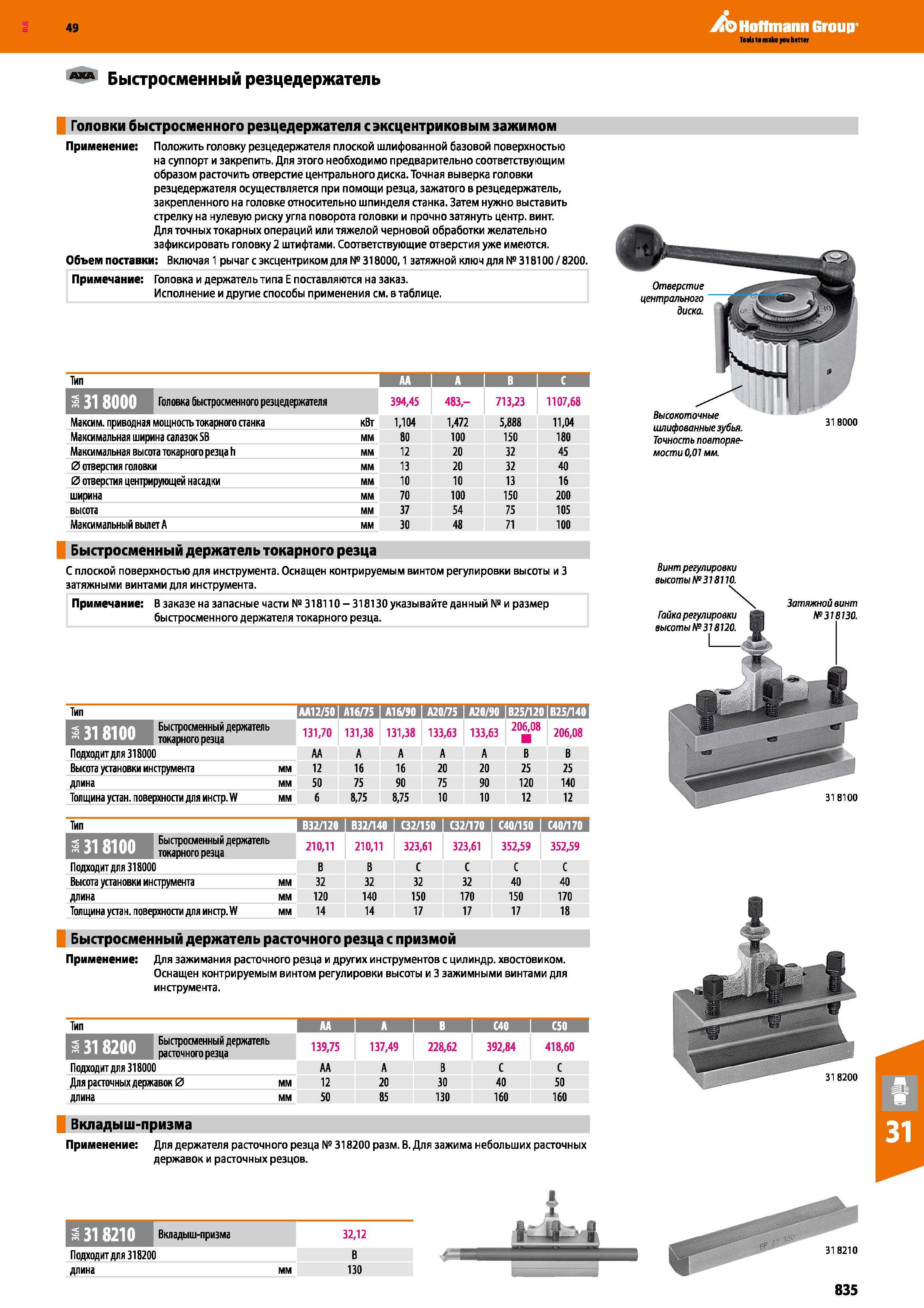 835 Hoffmann Group Быстросменный резцедержатель Головки быстросменного резцедержателя с эксцентриковым зажимом Применение: Положить голов Каталог HOFFMANN GROUP 2018 Профессиональный режущий и вспомогательный инструмент для промышленного оборудования Сверла Фрезы Метчики Державки Стр. 835