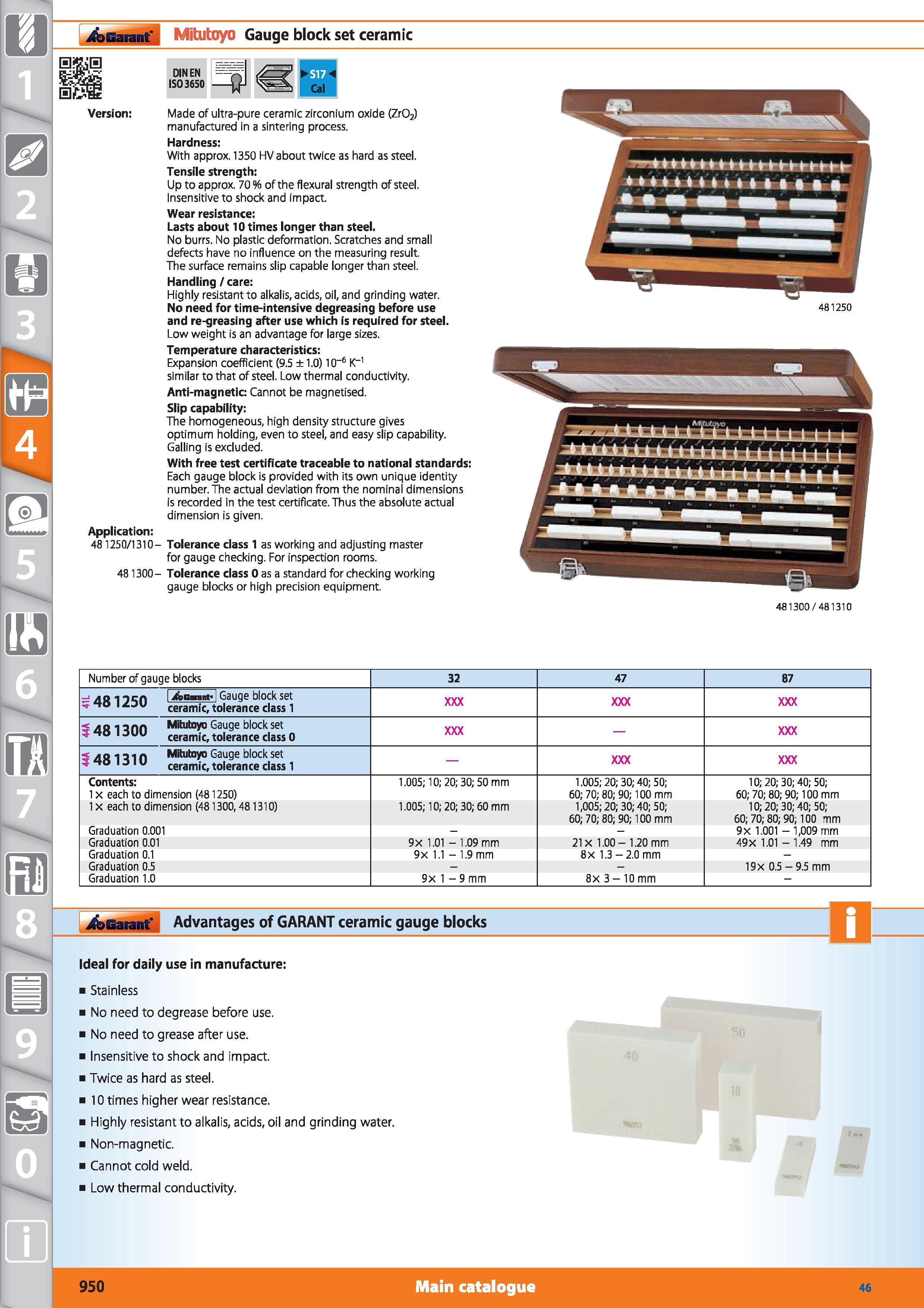950 Garant MRlltoyo Gauge block set ceramic Version DINEN ISO 3650 Application 48 1250/1310- 481300- Cal Made of ultra-pure ceramic zirconium oxide ( Каталог HOFFMANN GROUP 2015 Инструмент режущий слесарный измерительный абразивный Оборудование Комплексные поставки для промышленных предприятий Стр. 950 ENG