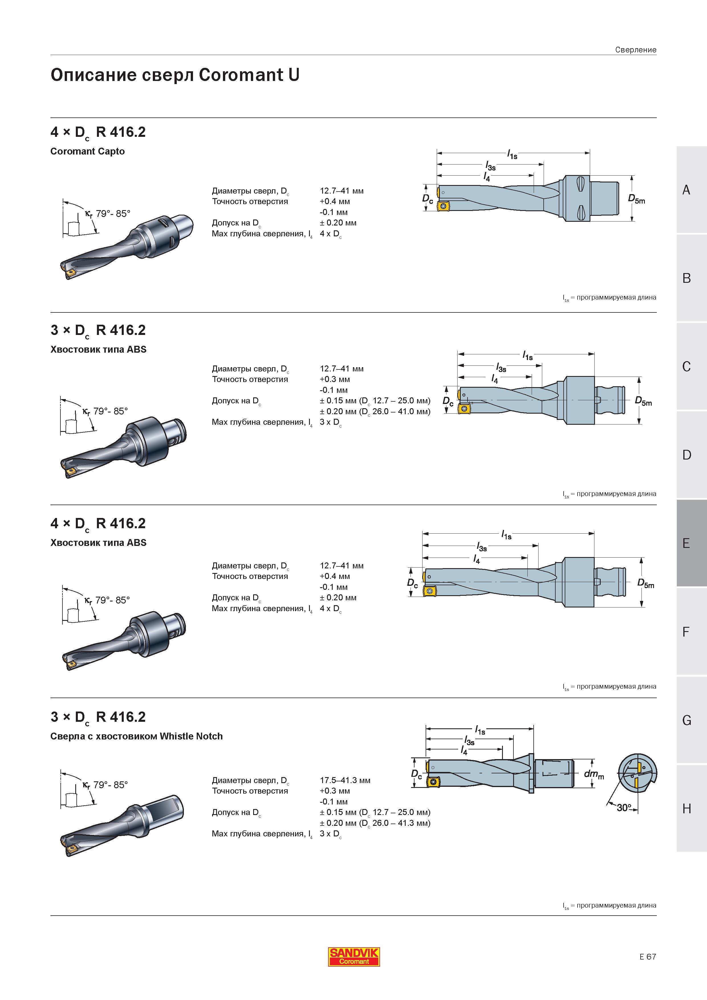 380 Описание сверл Sandvik Coromant U 4 X D R 416 2 Coromant Capto Диаметры сверл Dc Точность отверстия Допуск на Dc Max глубина сверления 4 12 7-41 Руководство SANDVIK COROMANT 2005 по современной обработке металлов резанием на металлорежущих станках и центрах с ЧПУ Стр. E67