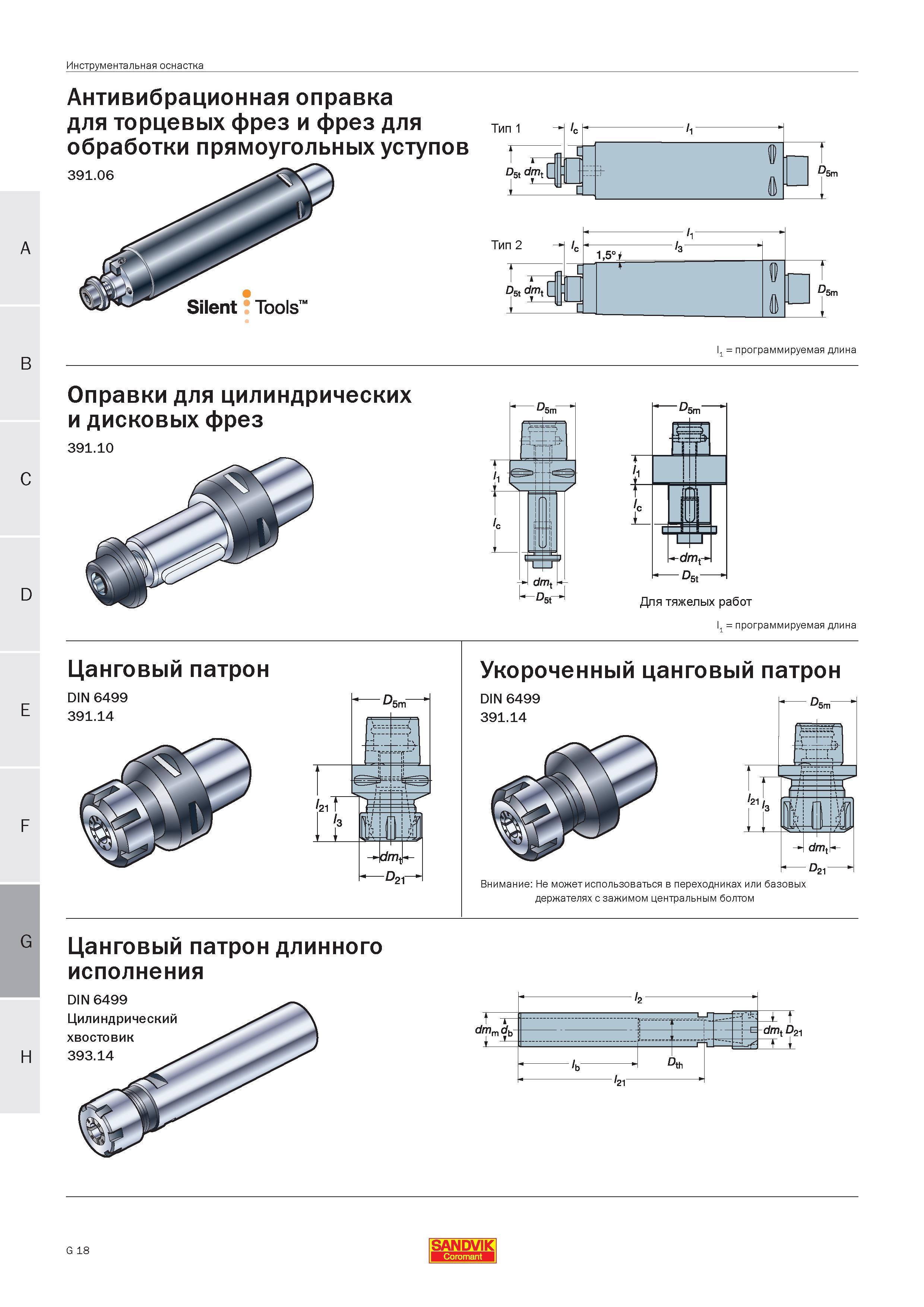 465 Антивибрационная оправка Sandvik Coromant для торцевых фрез и фрез для обработки прямоугольных уступов 391 06 Тип 1 Silent Tools программируемая Руководство SANDVIK COROMANT 2005 по современной обработке металлов резанием на металлорежущих станках и центрах с ЧПУ Стр. G18