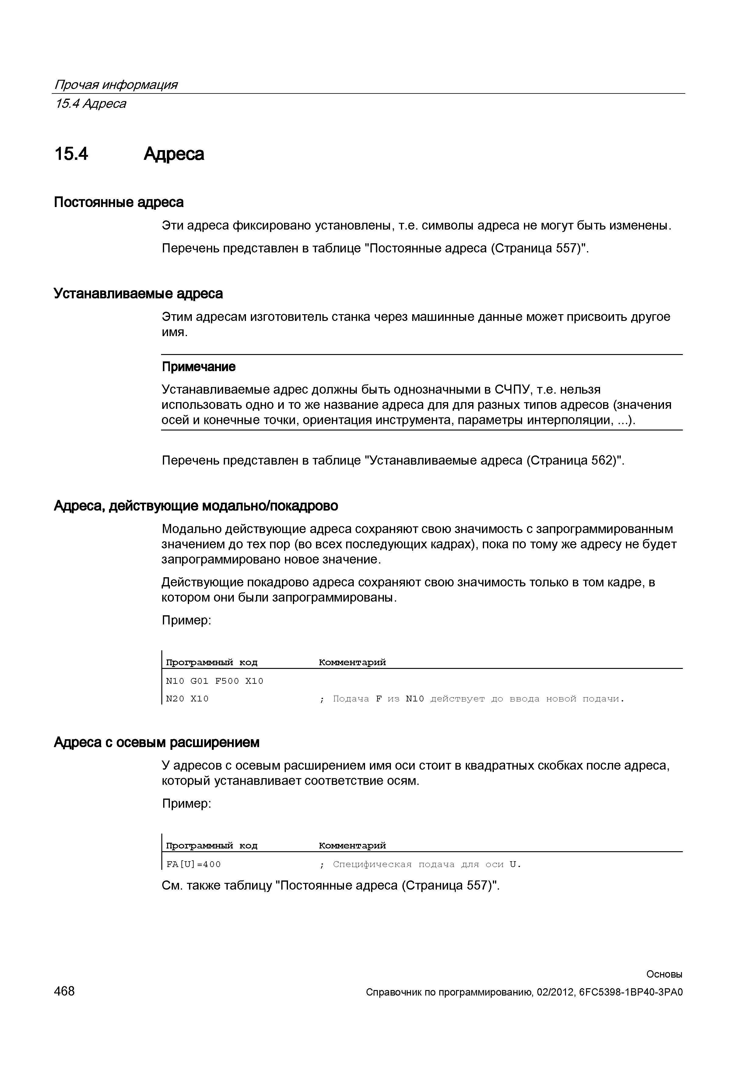 468 Устанавливаемые адреса должны быть однозначными в СЧПУ т е нельзя использовать одно и то же название адреса для для разных типов адресов (зн Справочник SIEMENS 2012 Пользователя Основы программирования стоек ЧПУ Sinumerik 840D sl 828D Металлообрабатывающее оборудование Стр. 468