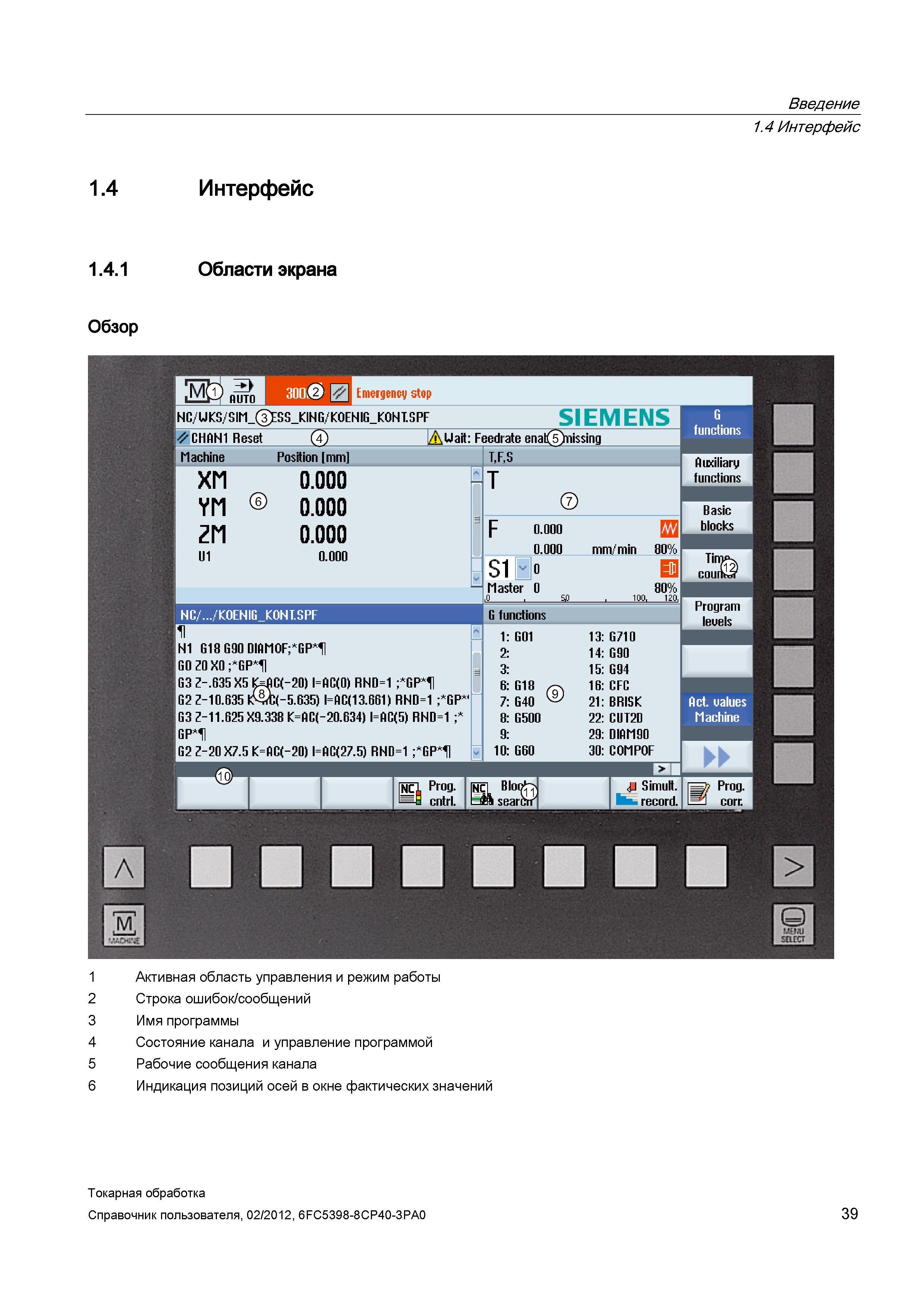 39 Области экрана ЧПУ Siemens Sinumerik 840D sl 840D 1 Активная область управления и режим работы 2 Строка ошибок/сообщений 3 Имя программы 4 Состоя Справочник пользователя SIEMENS 840D sl 828D SINUMERIK Токарная обработка Системы числового программного управления станками СЧПУ Версия 2012 Стр. 39
