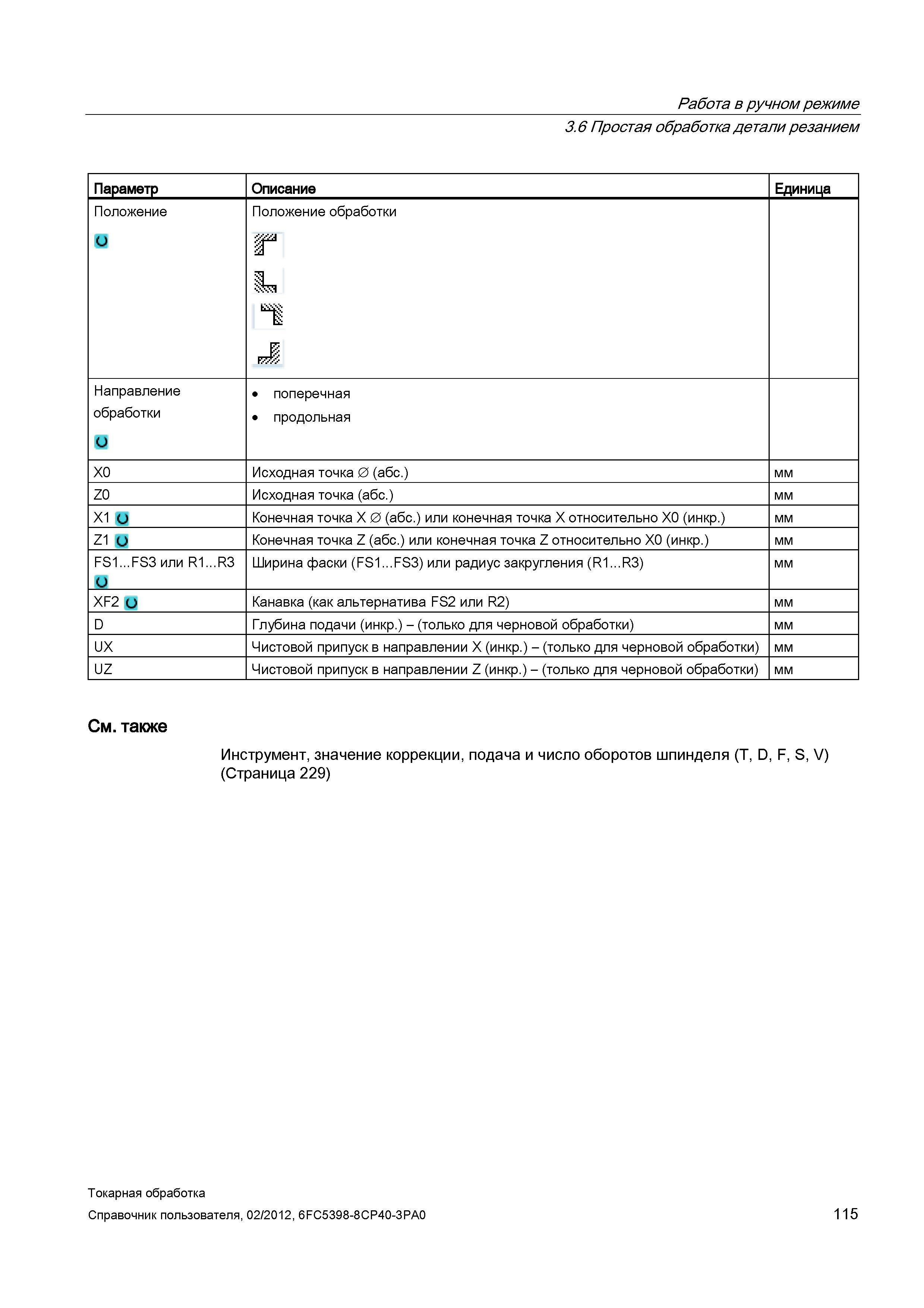 115 Работа в ручном режиме Простая обработка детали резанием Параметр Описание Единица Положение Положение обработки L, J Направление обработки попер Справочник пользователя SIEMENS 840D sl 828D SINUMERIK Токарная обработка Системы числового программного управления станками СЧПУ Версия 2012 Стр. 115