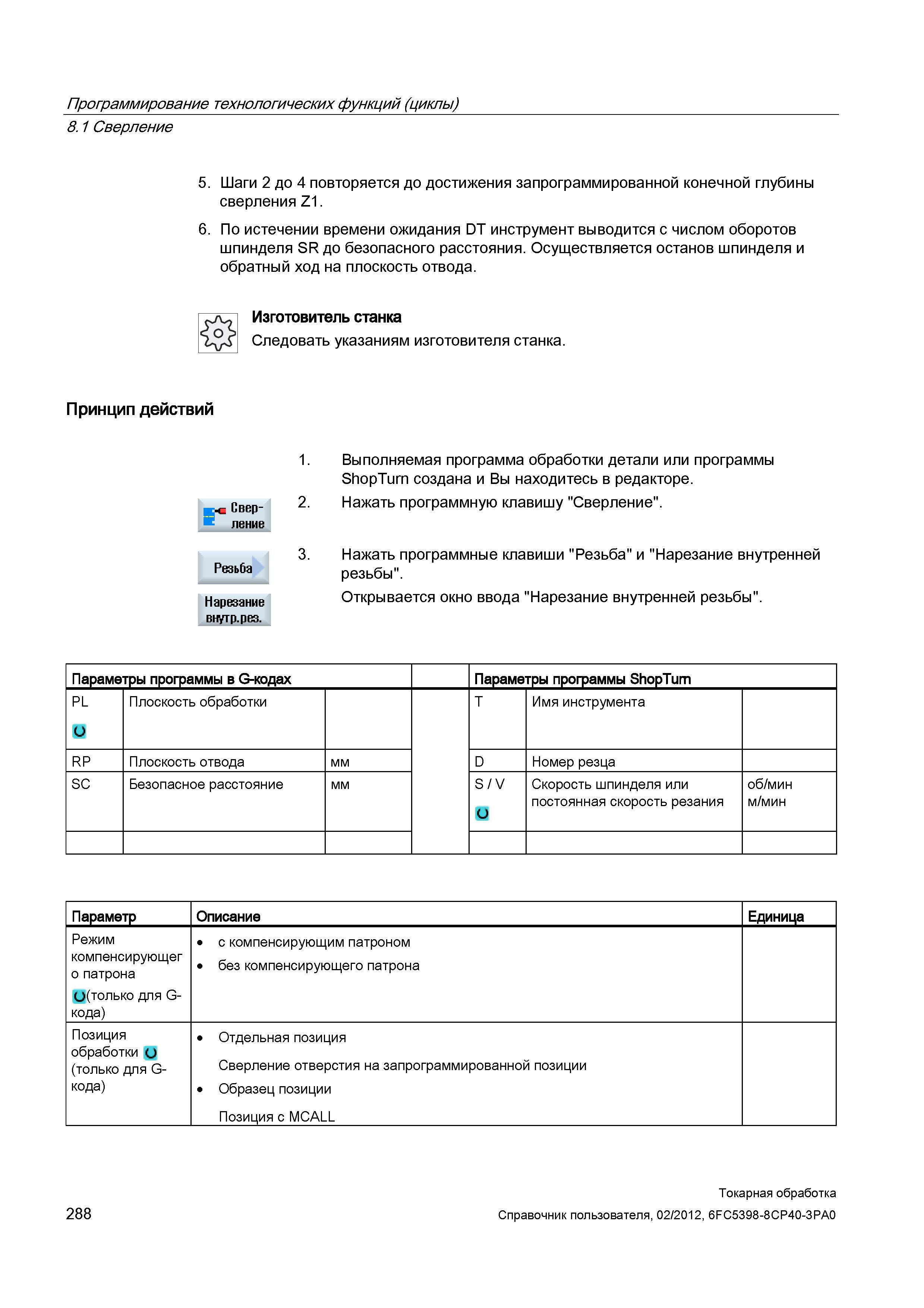 288 Сверление Шаги 2 до 4 повторяется до достижения запрограммированной конечной глубины сверления Z1 6 По истечении времени ожидания DT инструмент в Справочник пользователя SIEMENS 840D sl 828D SINUMERIK Токарная обработка Системы числового программного управления станками СЧПУ Версия 2012 Стр. 288