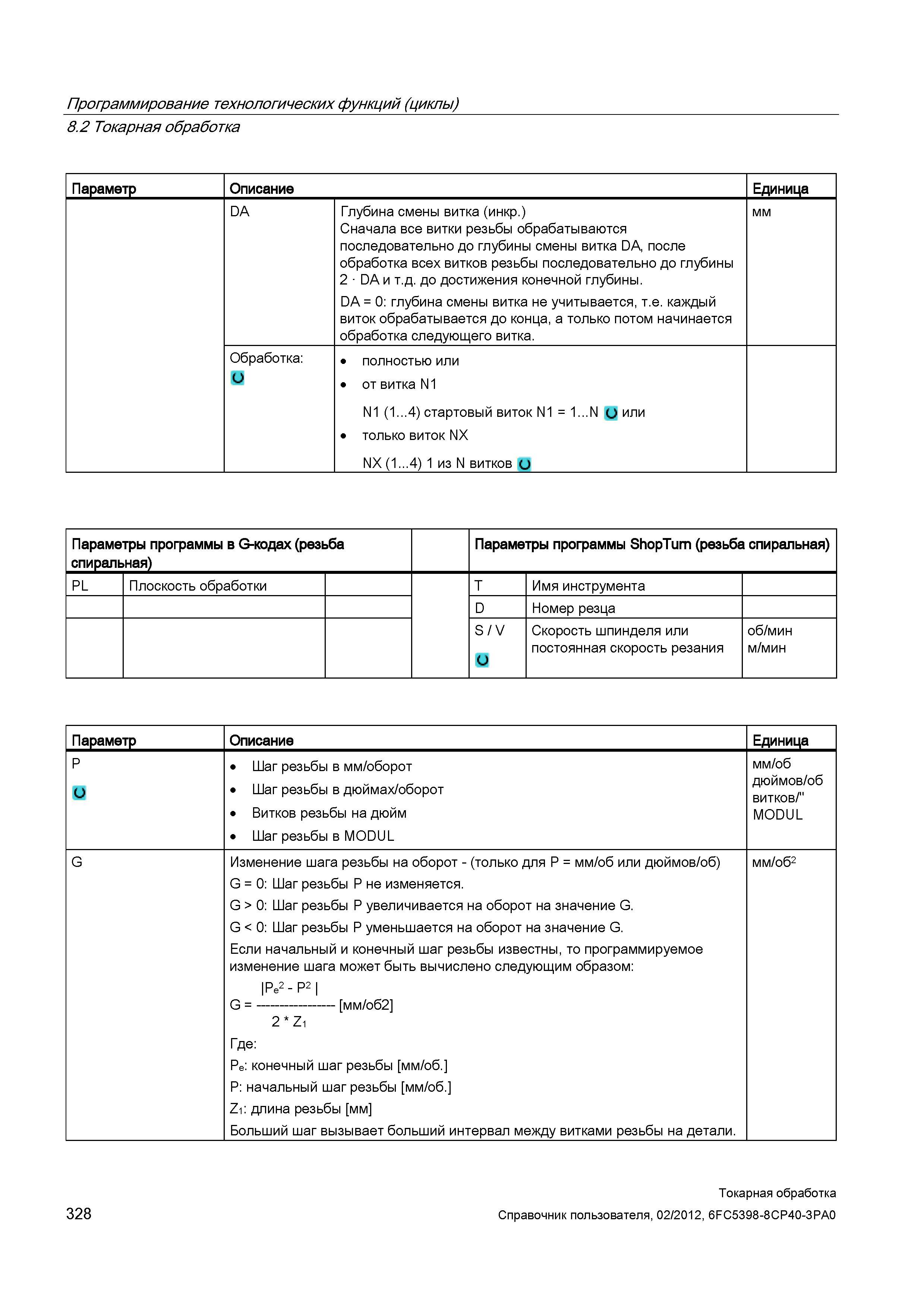 328 Токарная обработка Параметр Описание Единица DA Глубина смены витка (инкр ) Сначала все витки резьбы обрабатываются последовательно до глубины см Справочник пользователя SIEMENS 840D sl 828D SINUMERIK Токарная обработка Системы числового программного управления станками СЧПУ Версия 2012 Стр. 328