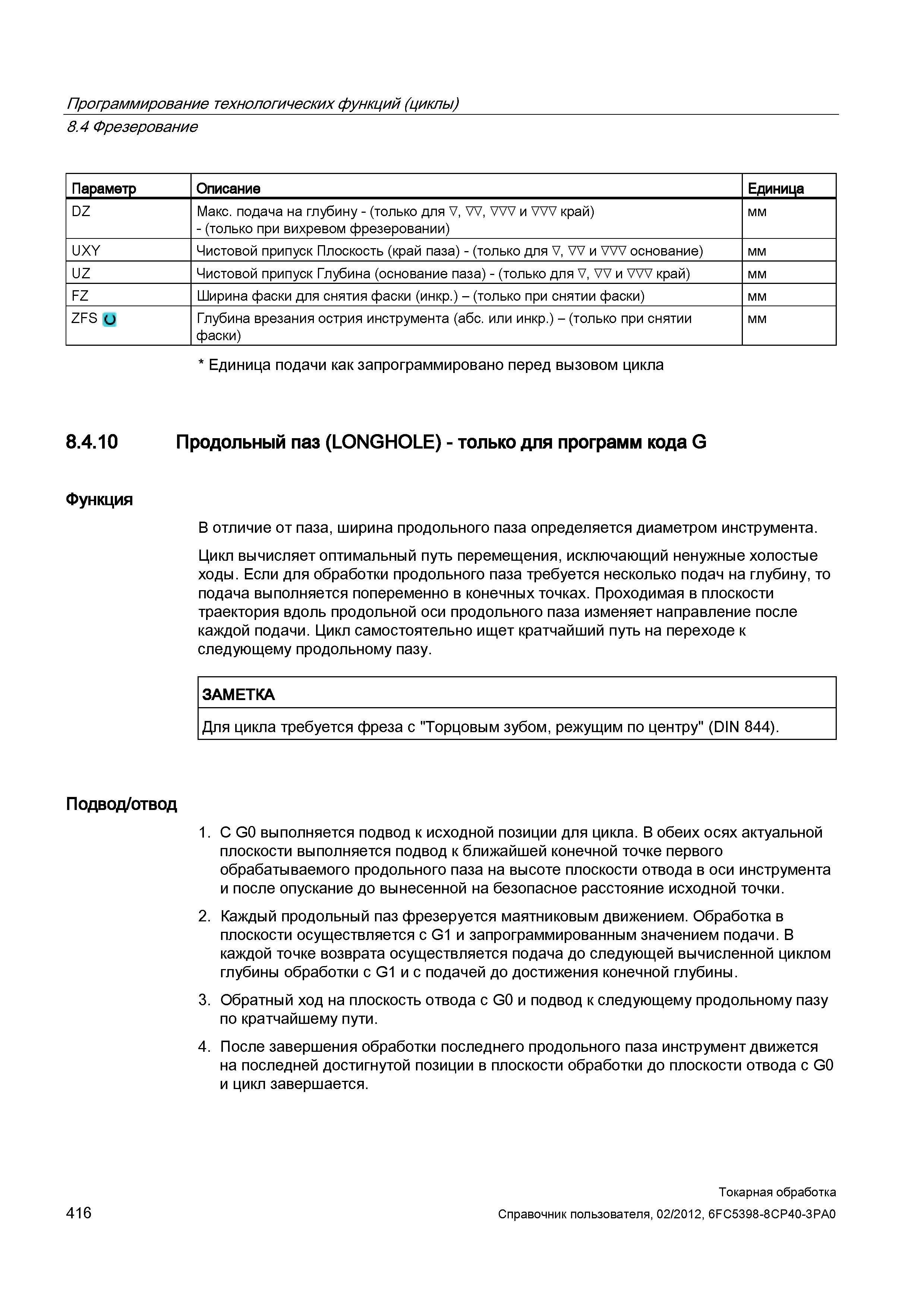 416 Продольный паз (LONGHOLE) - только для программ кода G Функция В отличие от паза, ширина продольного паза определяется диаметром инструмента Цикл Справочник пользователя SIEMENS 840D sl 828D SINUMERIK Токарная обработка Системы числового программного управления станками СЧПУ Версия 2012 Стр. 416
