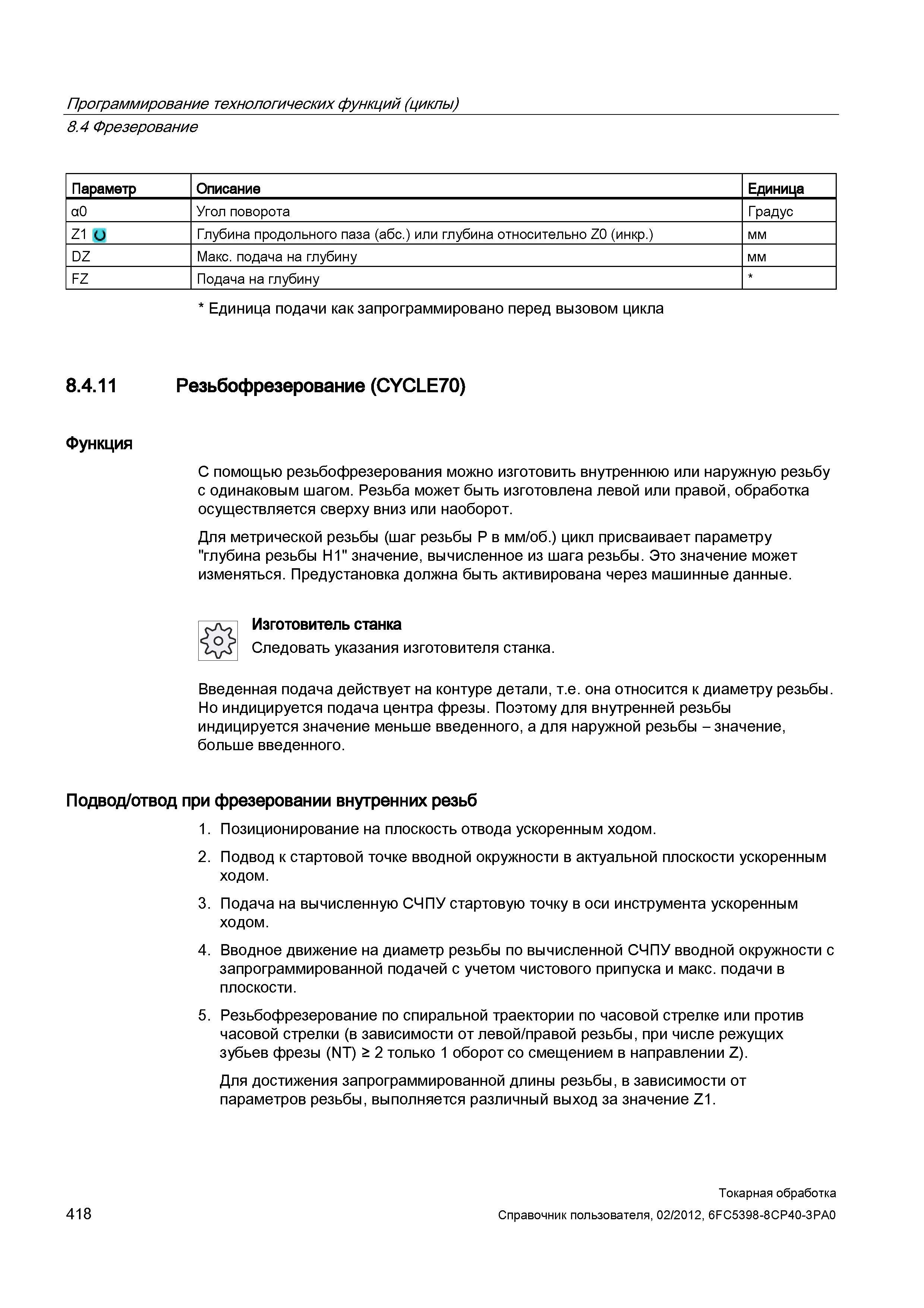 418 Резьбофрезерование (CYCLE70) Функция С помощью резьбофрезерования можно изготовить внутреннюю или наружную резьбу с одинаковым шагом Резьба может Справочник пользователя SIEMENS 840D sl 828D SINUMERIK Токарная обработка Системы числового программного управления станками СЧПУ Версия 2012 Стр. 418