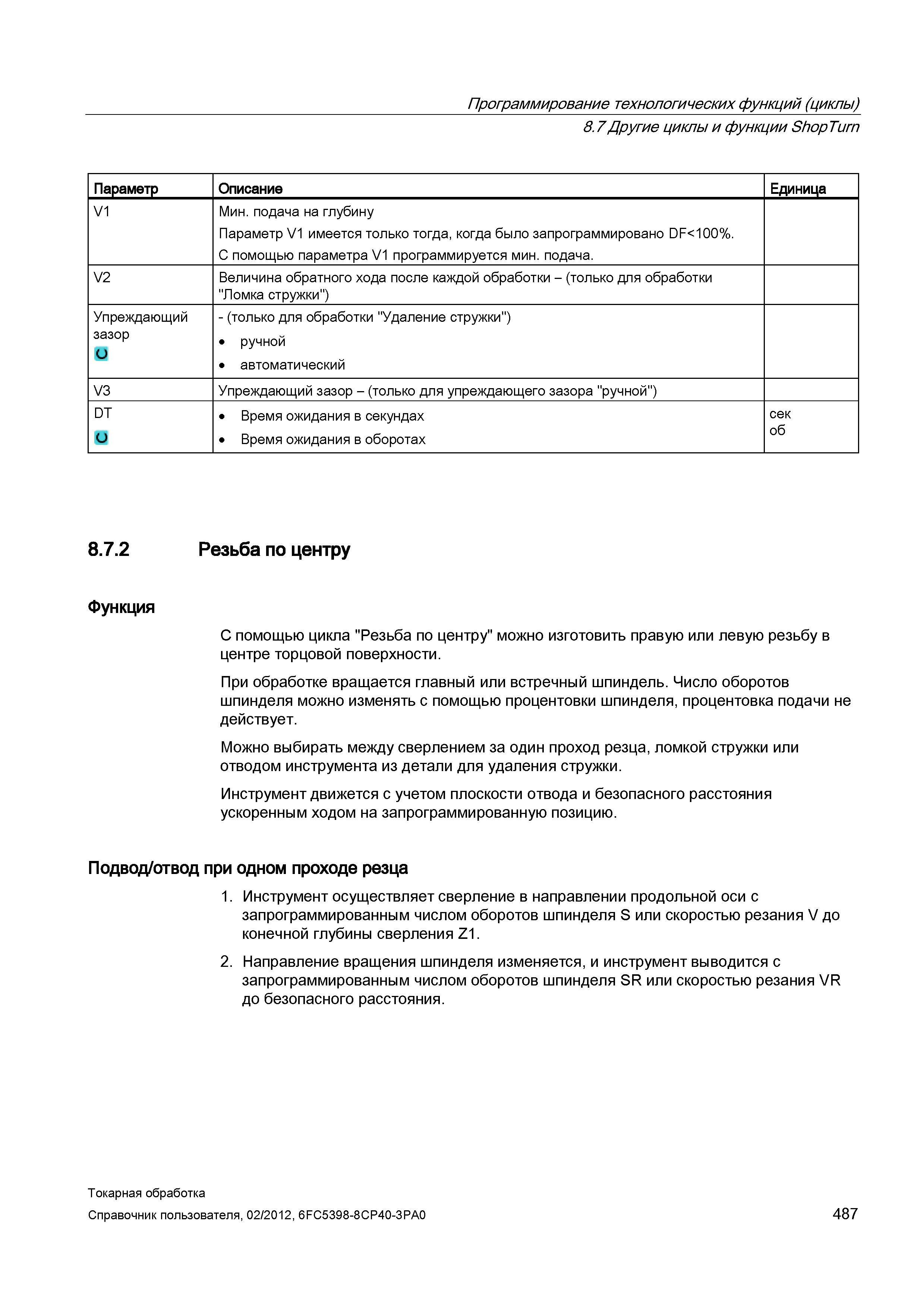 487 Величина обратного хода после каждой обработки - (только для обработки Ломка стружки ) Упреждающий зазор - (только для обработки Удаление стружки Справочник пользователя SIEMENS 840D sl 828D SINUMERIK Токарная обработка Системы числового программного управления станками СЧПУ Версия 2012 Стр. 487