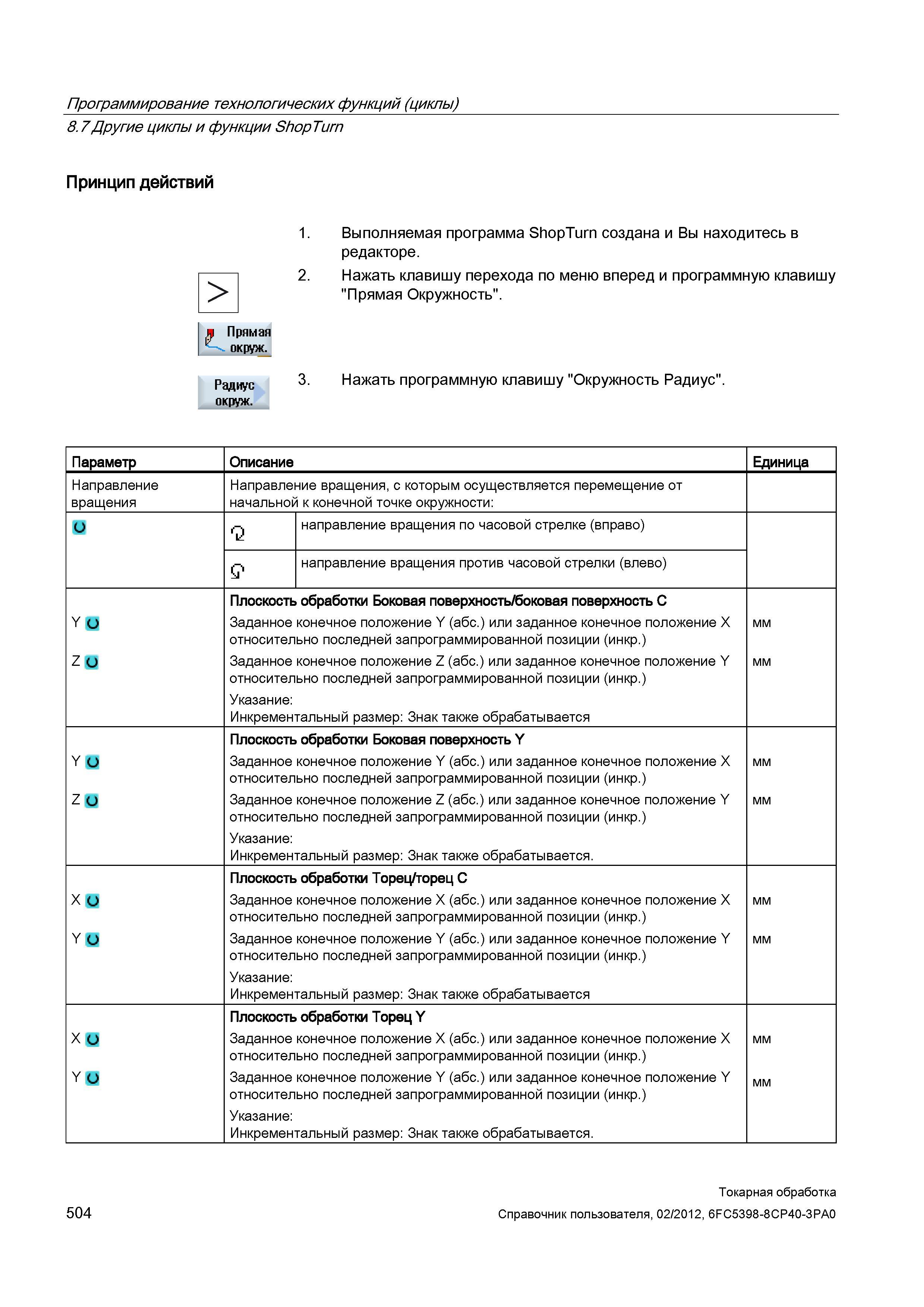 504 Направление вращения, с которым осуществляется перемещение от начальной к конечной точке окружности: направление вращения по часовой стрелке (впр Справочник пользователя SIEMENS 840D sl 828D SINUMERIK Токарная обработка Системы числового программного управления станками СЧПУ Версия 2012 Стр. 504