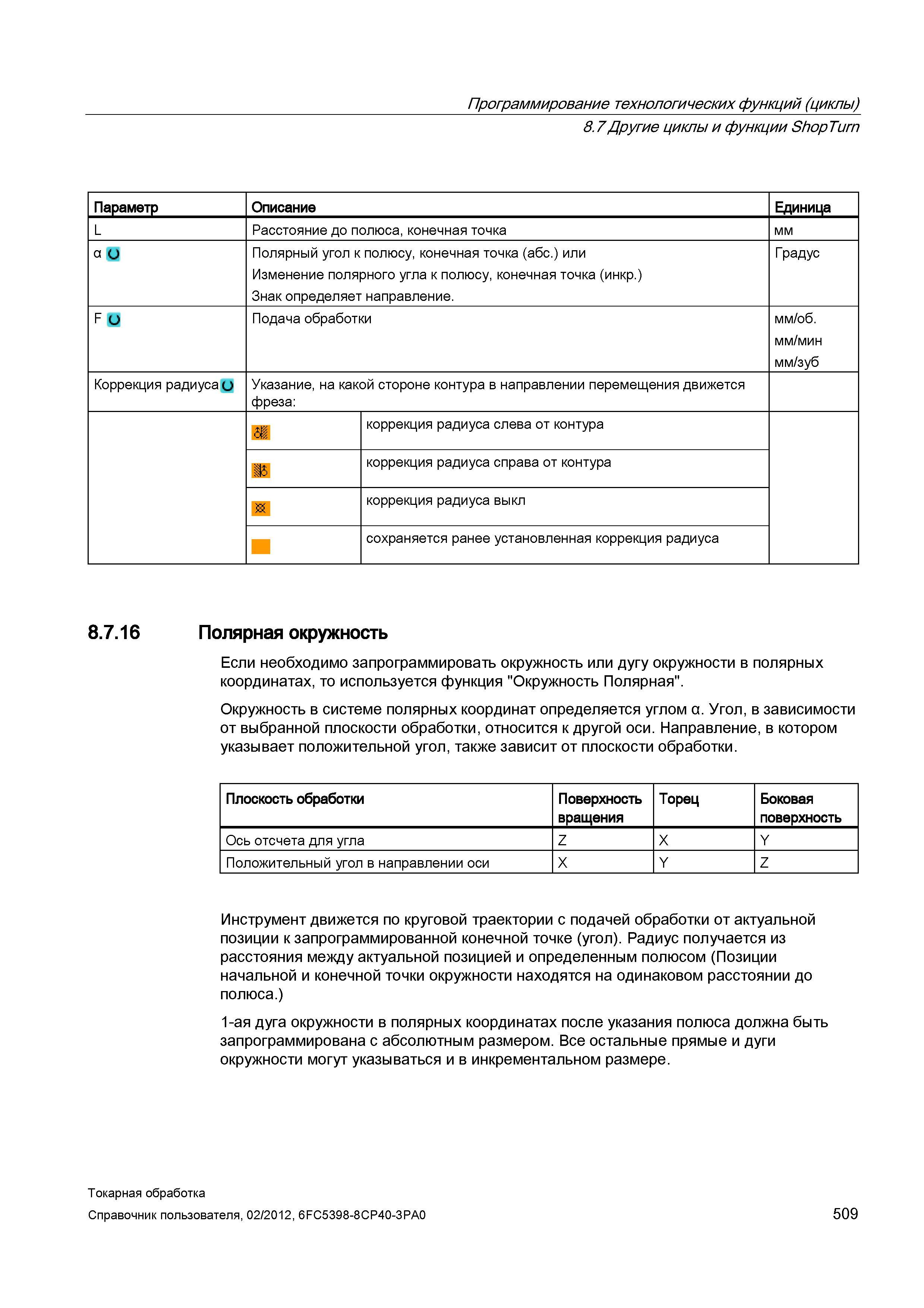 509 Полярная окружность Если необходимо запрограммировать окружность или дугу окружности в полярных координатах, то используется функция Окружность П Справочник пользователя SIEMENS 840D sl 828D SINUMERIK Токарная обработка Системы числового программного управления станками СЧПУ Версия 2012 Стр. 509