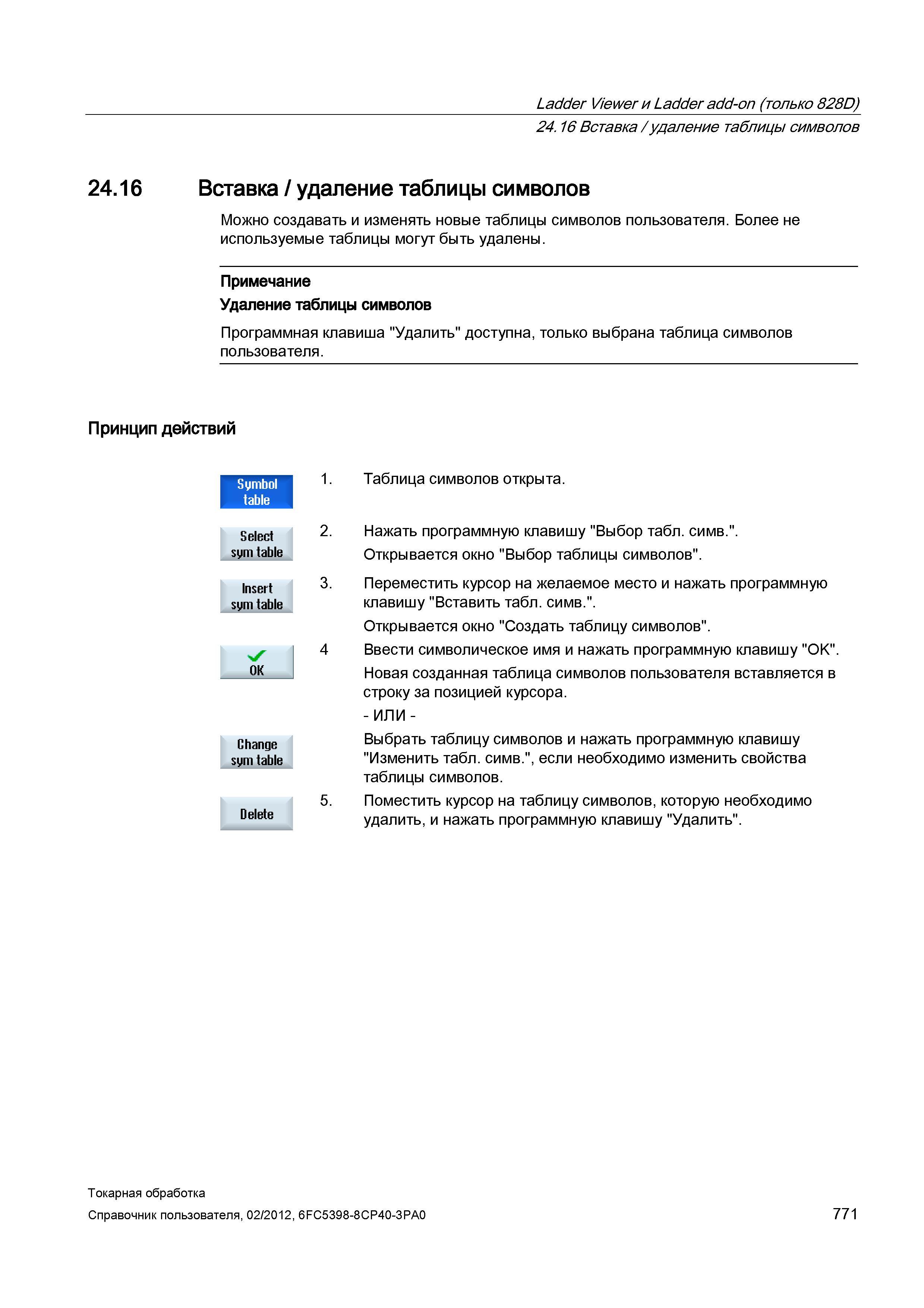 771 Вставка / удаление таблицы символов Можно создавать и изменять новые таблицы символов пользователя Более не используемые таблицы могут быть удале Справочник пользователя SIEMENS 840D sl 828D SINUMERIK Токарная обработка Системы числового программного управления станками СЧПУ Версия 2012 Стр. 771