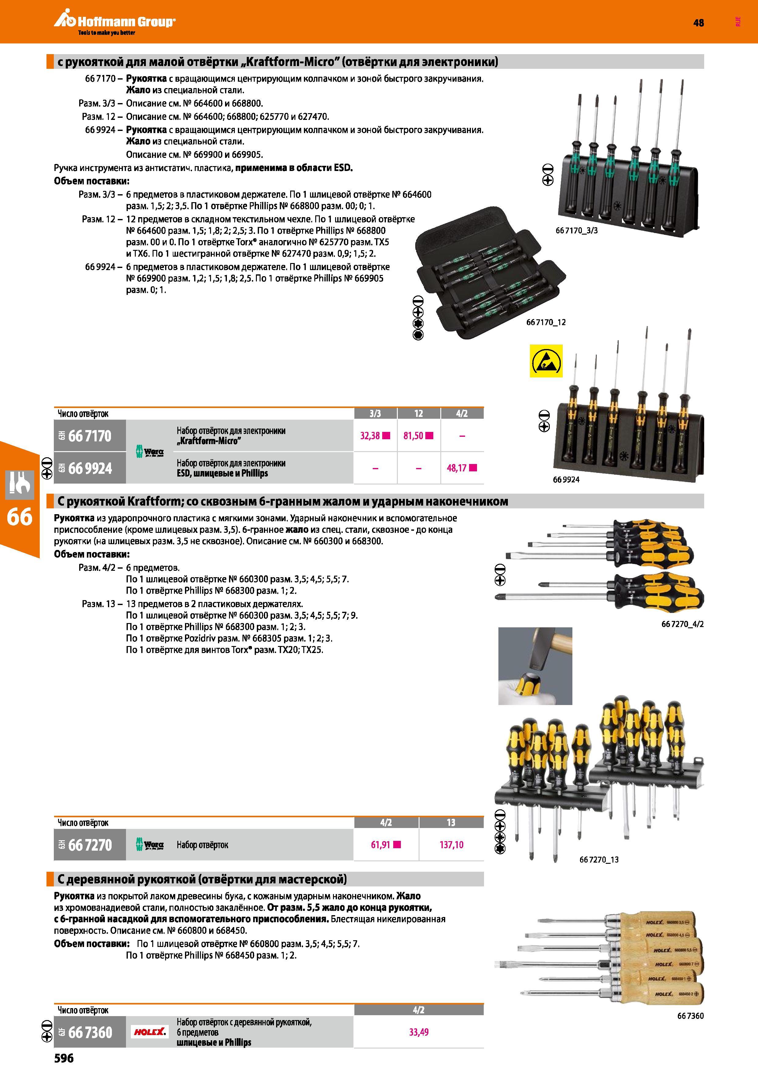 596 Набор отвёрток для электроники ESD, шлицевые и Phillips С рукояткой Kraftform; со сквозным 6-гранным жалом и ударным наконечником Рукоятк Каталог HOFFMANN GROUP 2017 Ручной слесарно-монтажный и контрольно-измерительный инструмент для производственных предприятиий и служб сервиса Инвентарь Стр. 596