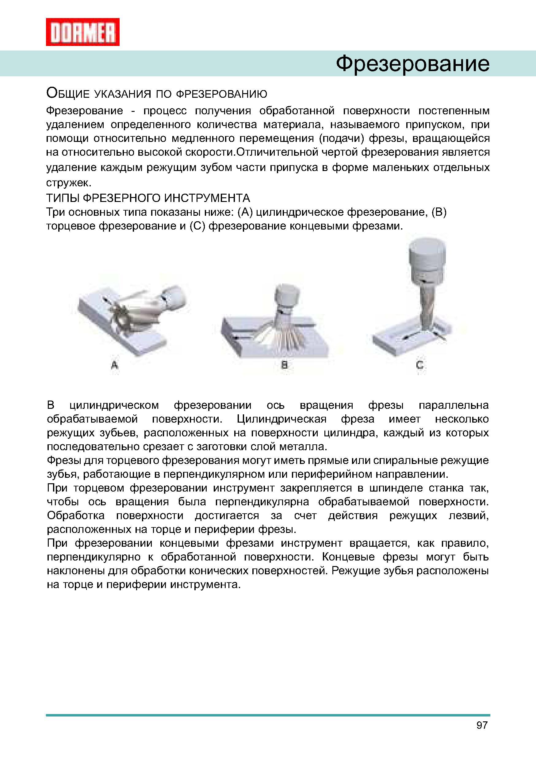 97 Отличительной чертой фрезерования металла на станках является удаление каждым режущим зубом инструмента части припуска в форме маленьких отдельных стружек Руководство DORMER 2008 Обработка металлов резанием на металлорежущих станках Сверление Развертывание Зенкерование Зенкование Нарезание резьбы метчиком Стр. 97