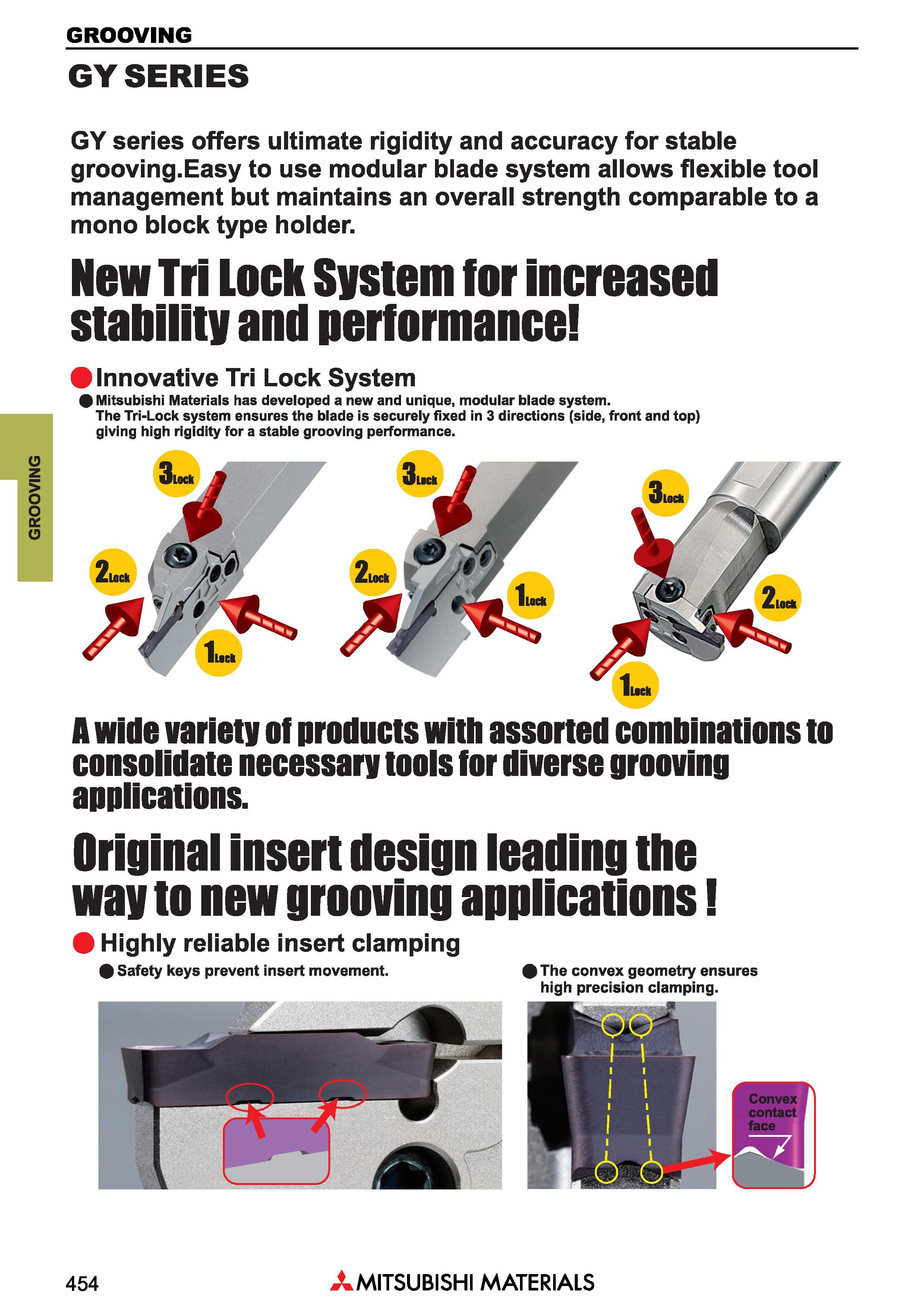 454 GROOVING GY SERIES GY series offers ultimate rigidity and accuracy for stable grooving Easy to use modular blade system allows flexible tool mana Каталог MITSUBISHI 2018 Инструмент для станков Пластины сменные режущие Фрезы концевые твердосплавные и сборные с СРП Сверла спиральные Резцы токарные Державки Стр. 454