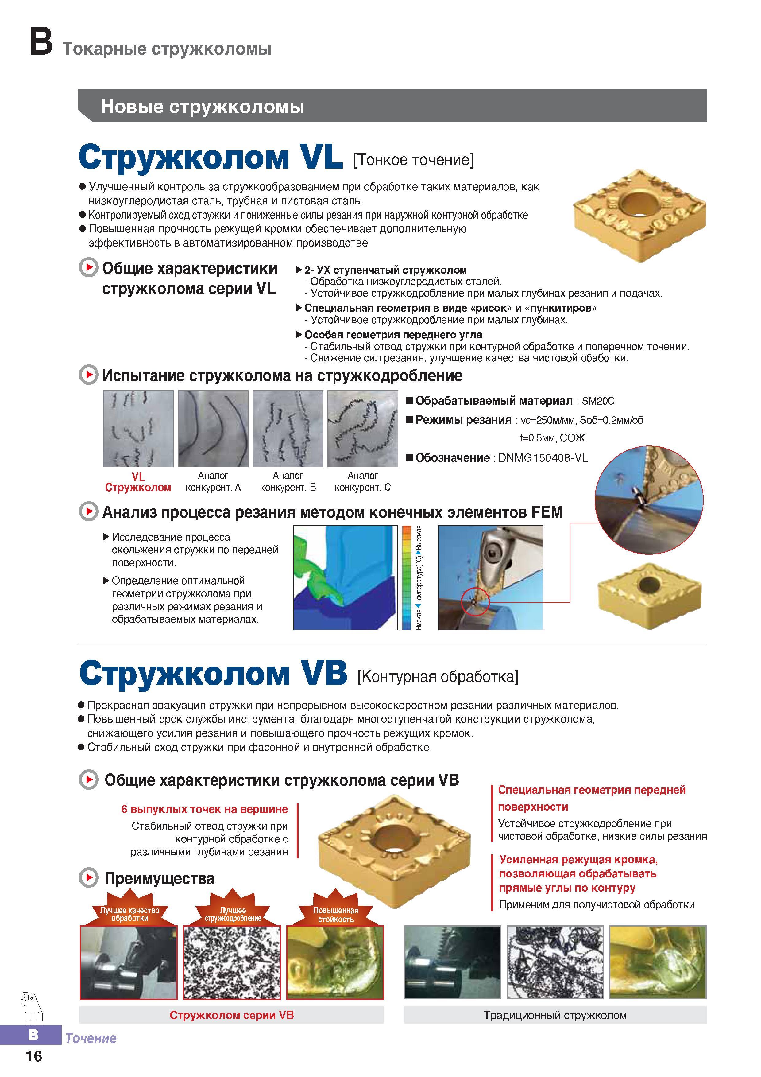 71 Токарные стружколомы Korloy VL Тонкое точение Улучшенный контроль за стружкообразованием при обработке Каталог KORLOY 2016 Металлорежущий инструмент и инструментальная оснастка для токарных фрезерных резьбонарезных сверлильных расточных технологических операций на станках Стр. B16