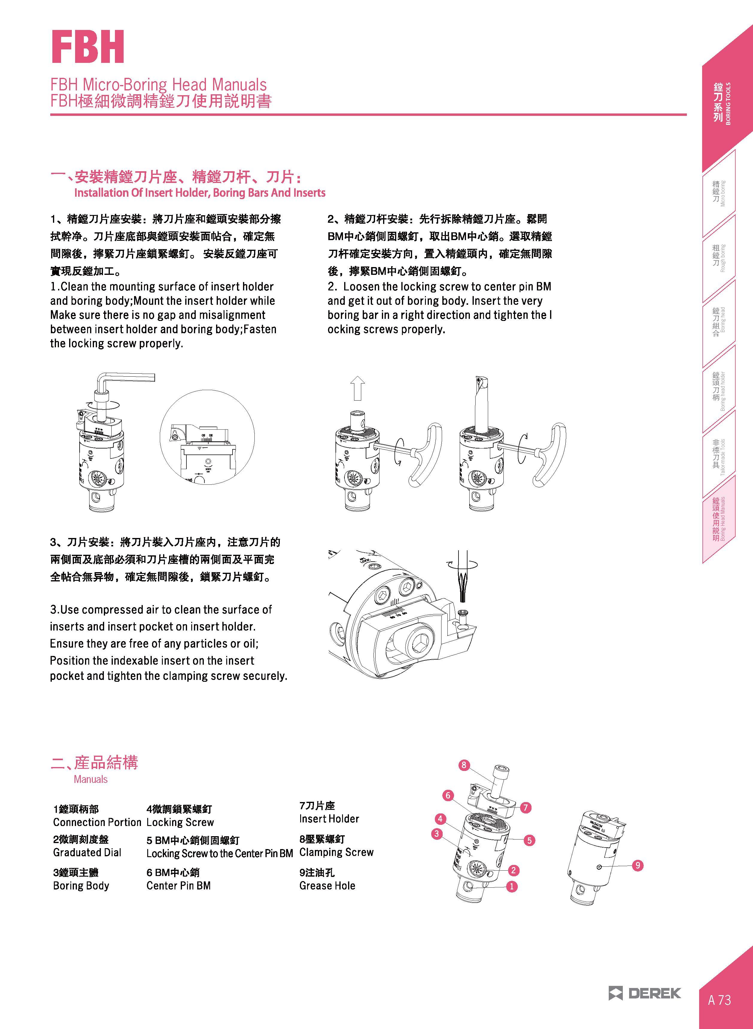 105 FBH FBH Micro-Boring Head Manuals mtTllfts 71ft: Installation Of Insert Holder, Boring Bars And Inserts sc o nmt MmMMA io 1 Clean the mounting su Каталог DEREK 2017 Инструмент металлорежущий и станочная оснастка Фрезы концевые твердосплавные и с режущими сменными пластинами Резцы Державки Расточные головки  Стр. A73