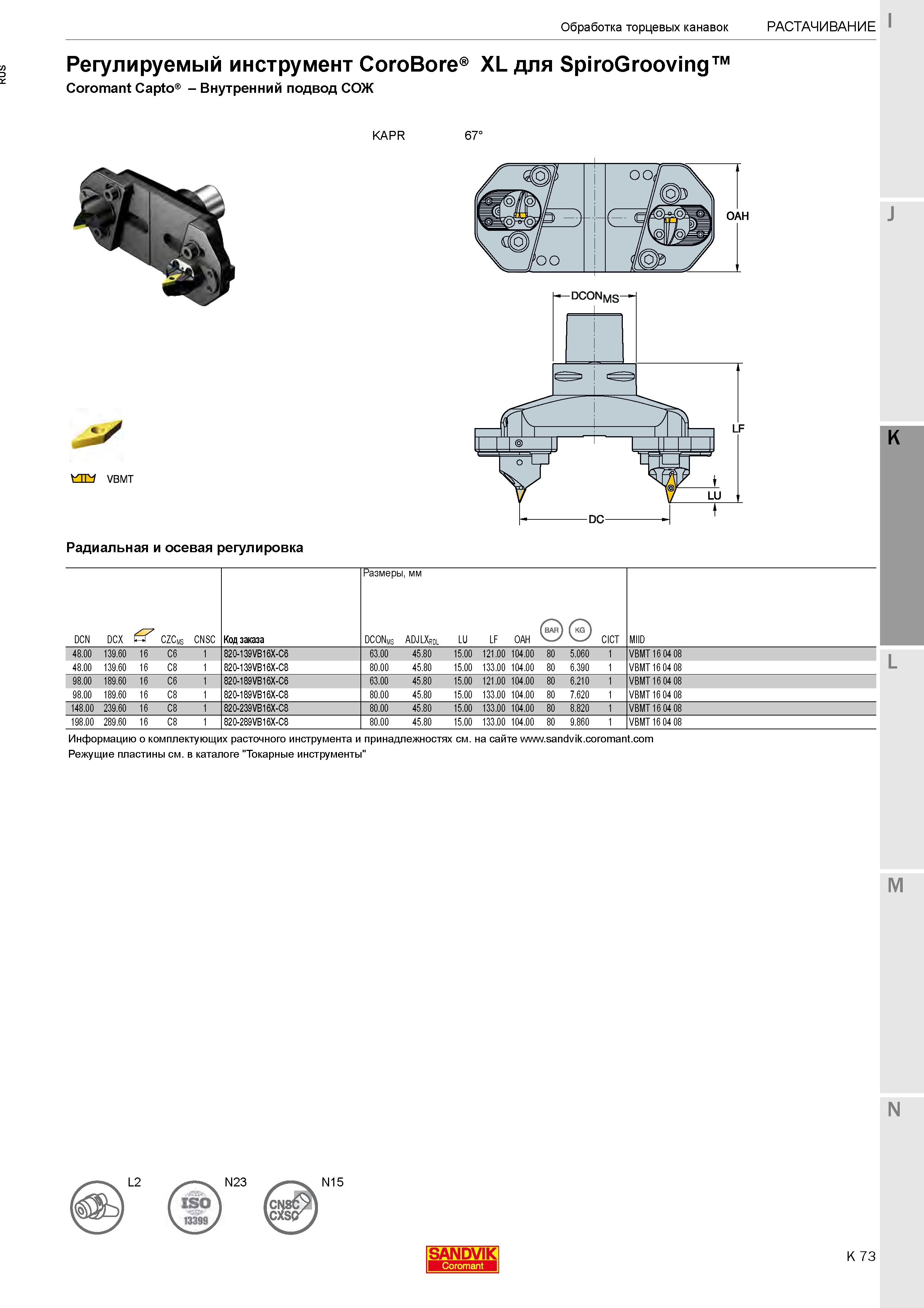 327  Каталог SANDVIK COROMANT 2020 Фрезы и сверла с СМП Расточной инструмент Принадлежности и оснастка для станков Стр. K73