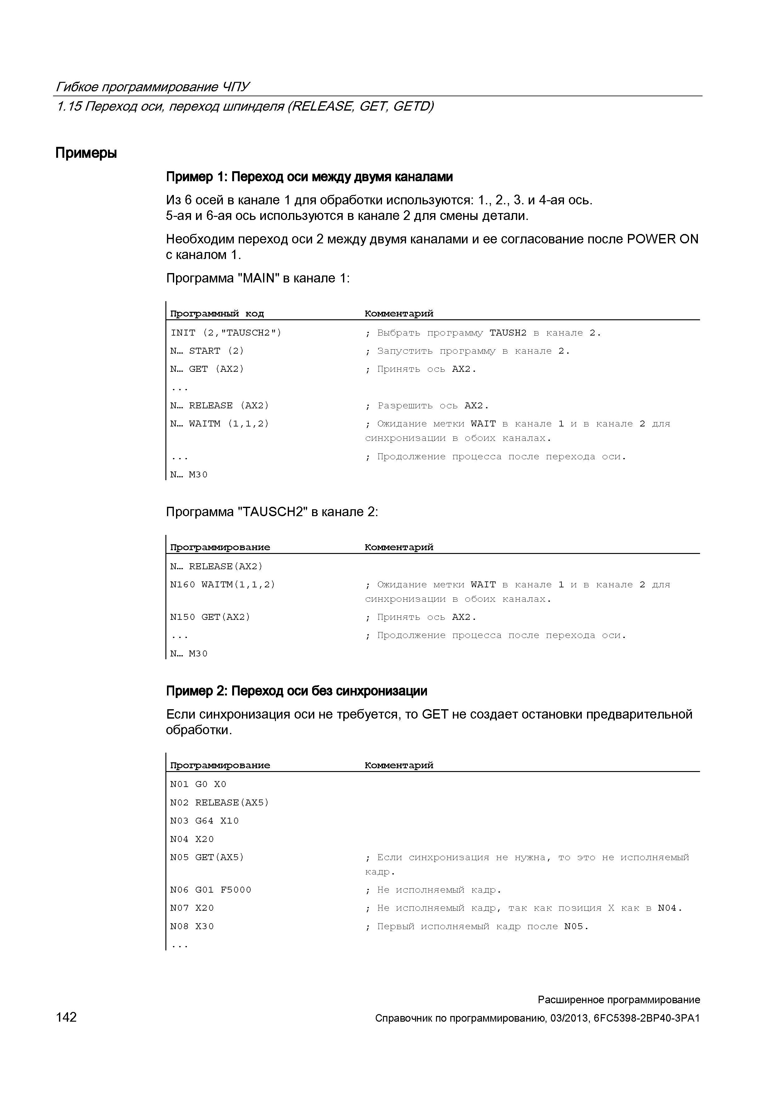 142 Гибкое программирование ЧПУ 1 15 Переход оси, переход шпинделя (RELEASE, GET, GETD) Примеры Пример 1: Переход оси между двумя каналами Из 6 Руководство SIEMENS SINUMERIK 840D sl / 828D Расширенное программирование стоек числового программного управления (ЧПУ) металлорежущих станков вер. 2013 Стр. 142