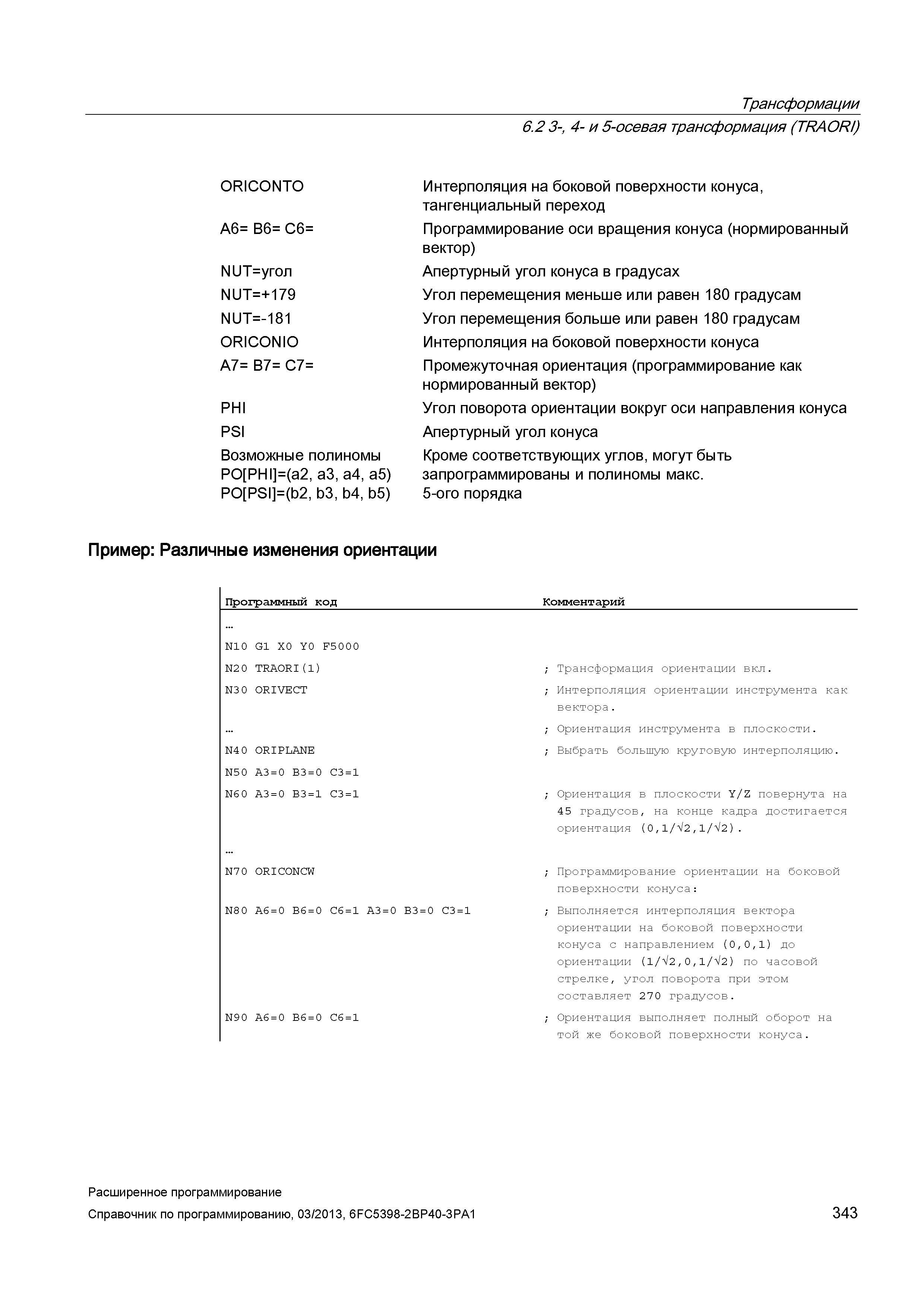 343 Трансформации 6 2 3-, 4- и 5-осевая трансформация (TRAORI) ORICONTO A6= B6= C6= NUT=угол NUT=+179 NUT=-181 ORICONIO A7= B7= C7= PHI PSI Возм Руководство SIEMENS SINUMERIK 840D sl / 828D Расширенное программирование стоек числового программного управления (ЧПУ) металлорежущих станков вер. 2013 Стр. 343