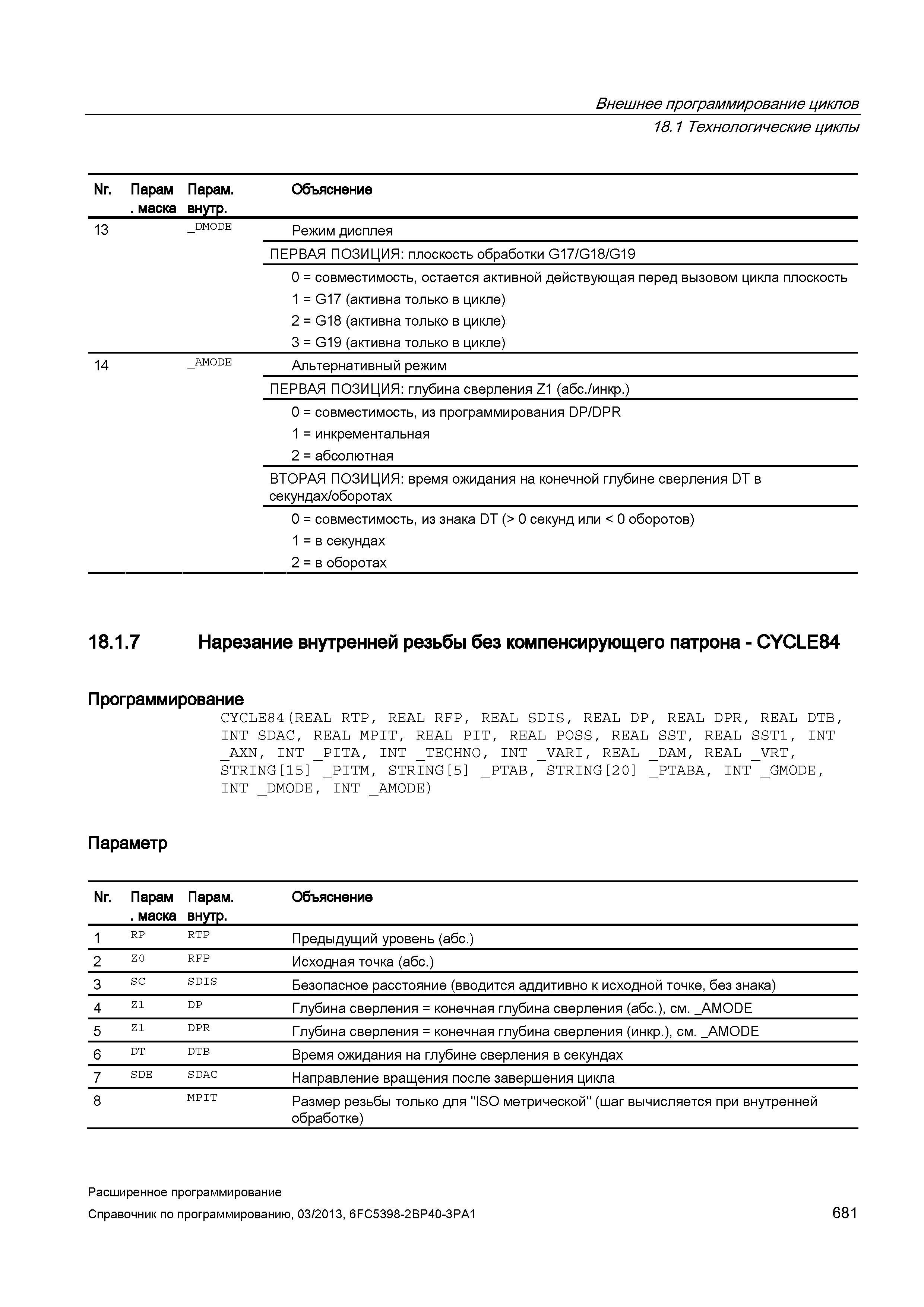 681 Внешнее программирование циклов 18 1 Технологические циклы Nr Парам Парам Объяснение маска внутр _ 13 Руководство SIEMENS SINUMERIK 840D sl / 828D Расширенное программирование стоек числового программного управления (ЧПУ) металлорежущих станков вер. 2013 Стр. 681