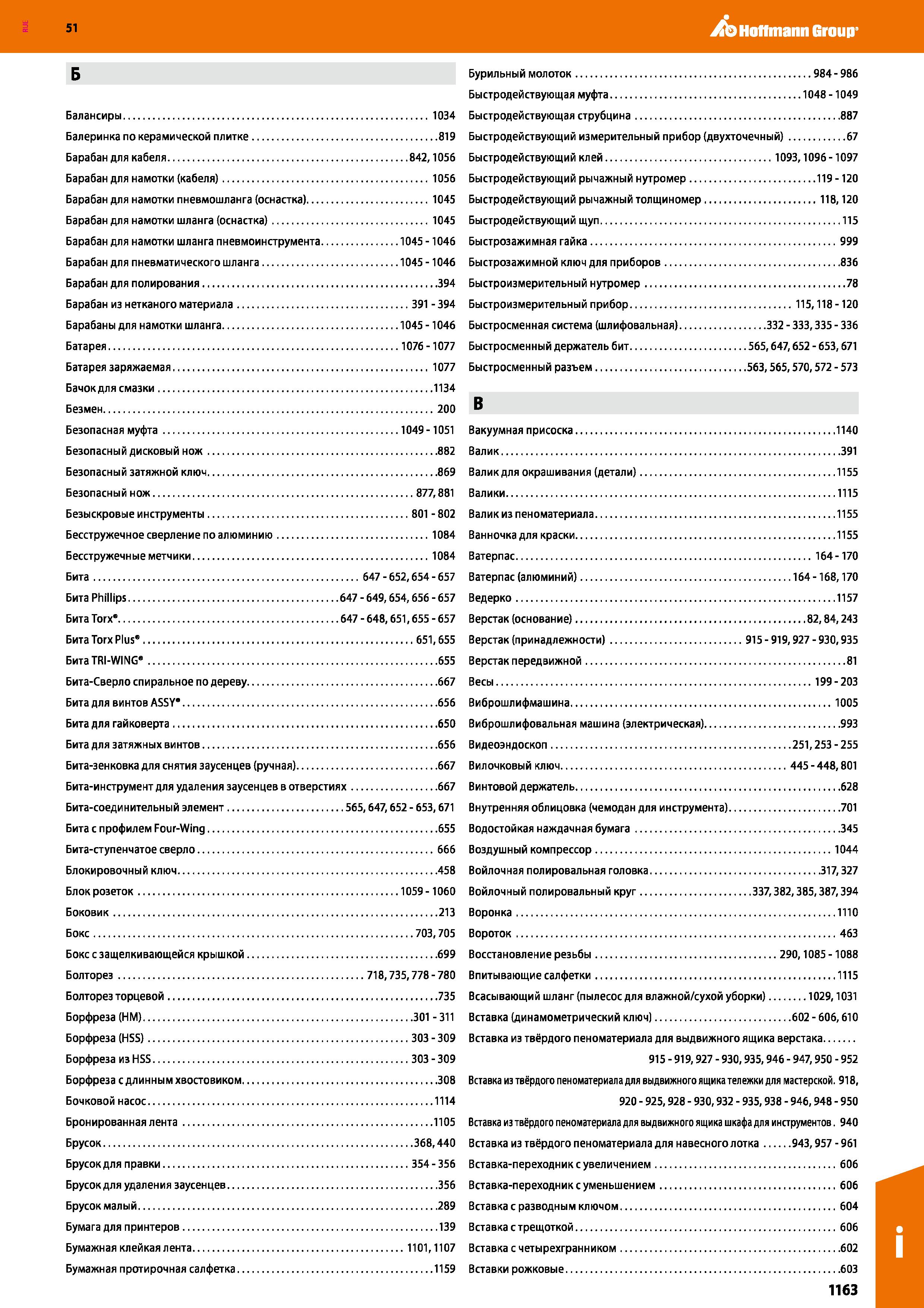 1163 Hoffmann Group 51 Б Балансиры 1034 Балеринка по керамической плитке 819 Барабан для кабеля 842,1056 Барабан для намотки (кабеля) 1056 Барабан для Каталог HOFFMANN GROUP 2020 Измерительный и ручной инструмент Инвентарь Абразивы Шлифовальные и отрезные круги Электроинструмент Пневмоинструмент Штангенциркули Стр. 1163