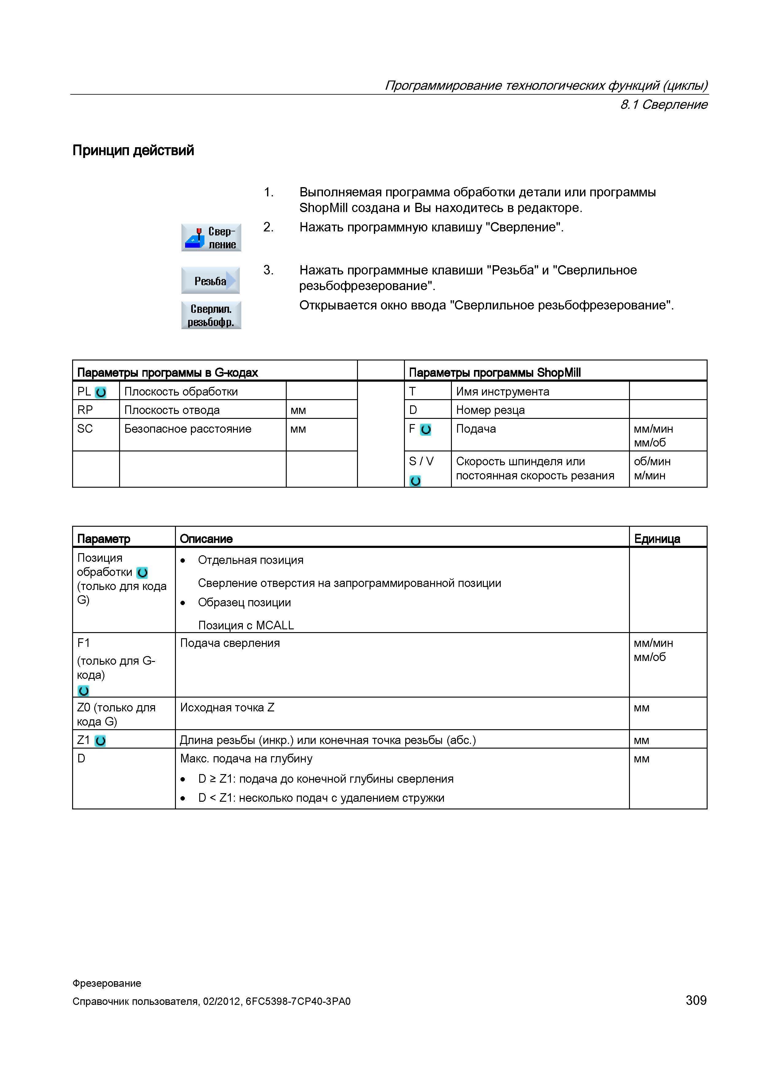 309 Нажать программную клавишу Сверление 3 Нажать программные клавиши Резьба и Сверлильное резьбофрезерование Открывается окно ввода Сверлильное Справочник пользователя SIEMENS 840D sl 828D SINUMERIK Фрезерная обработка Системы числового программного управления станками СЧПУ Версия 2012 Стр. 309